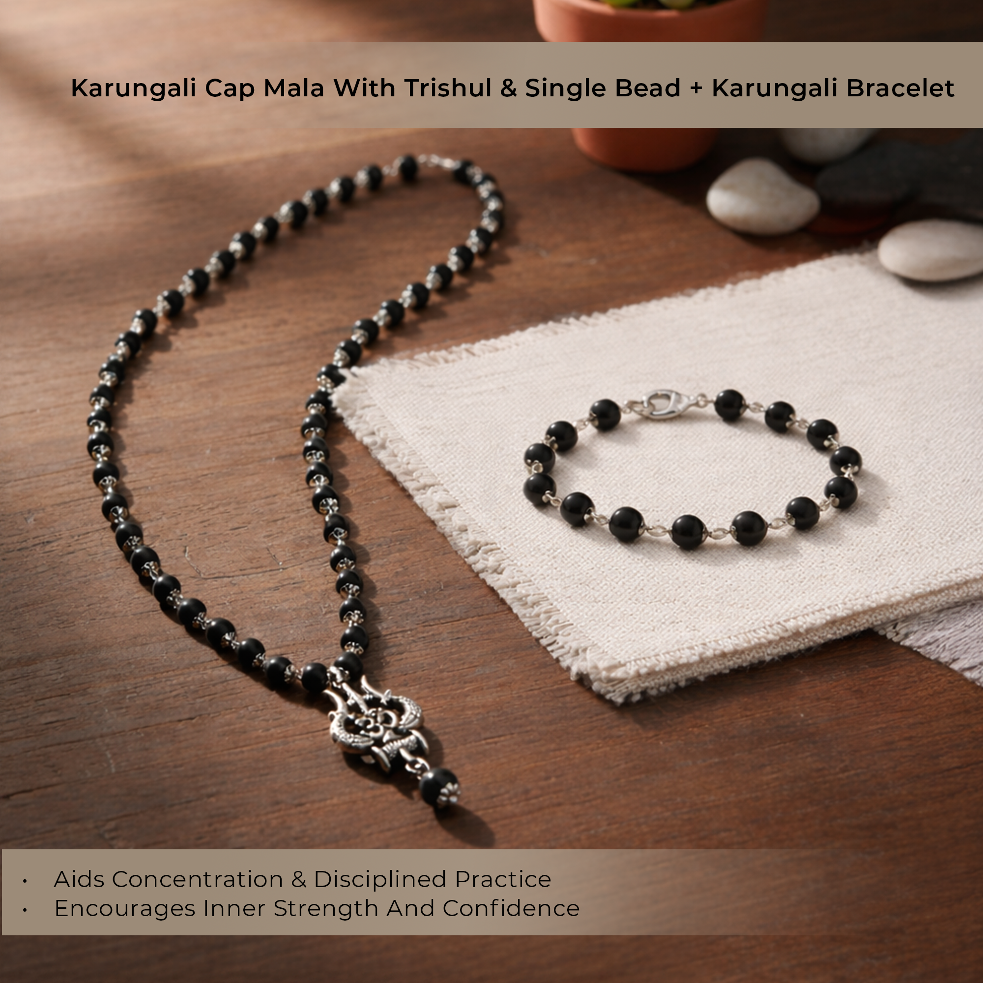 Karungali Cap Mala with Trishul and Karungali Bead & Karungali Cap Bracelet Combo
