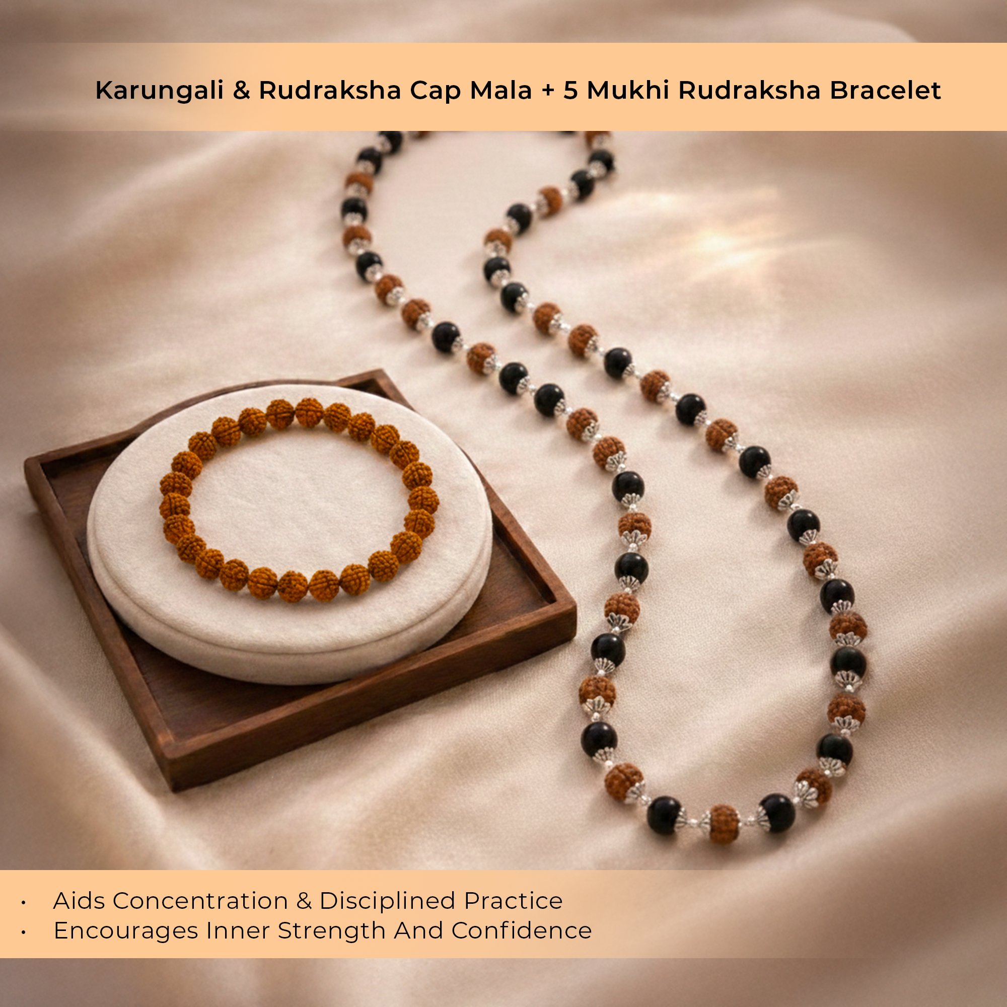 Shiv Shakti Karungali & Rudraksha Cap Mala and 5 Mukhi Rudraksha Bracelet Combo