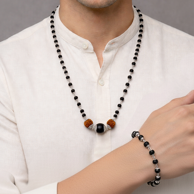 Karungali Cap Mala with Two 5-Face Rudraksha Beads & 1 Karungali Bead & Karungali Cap Bracelet Combo