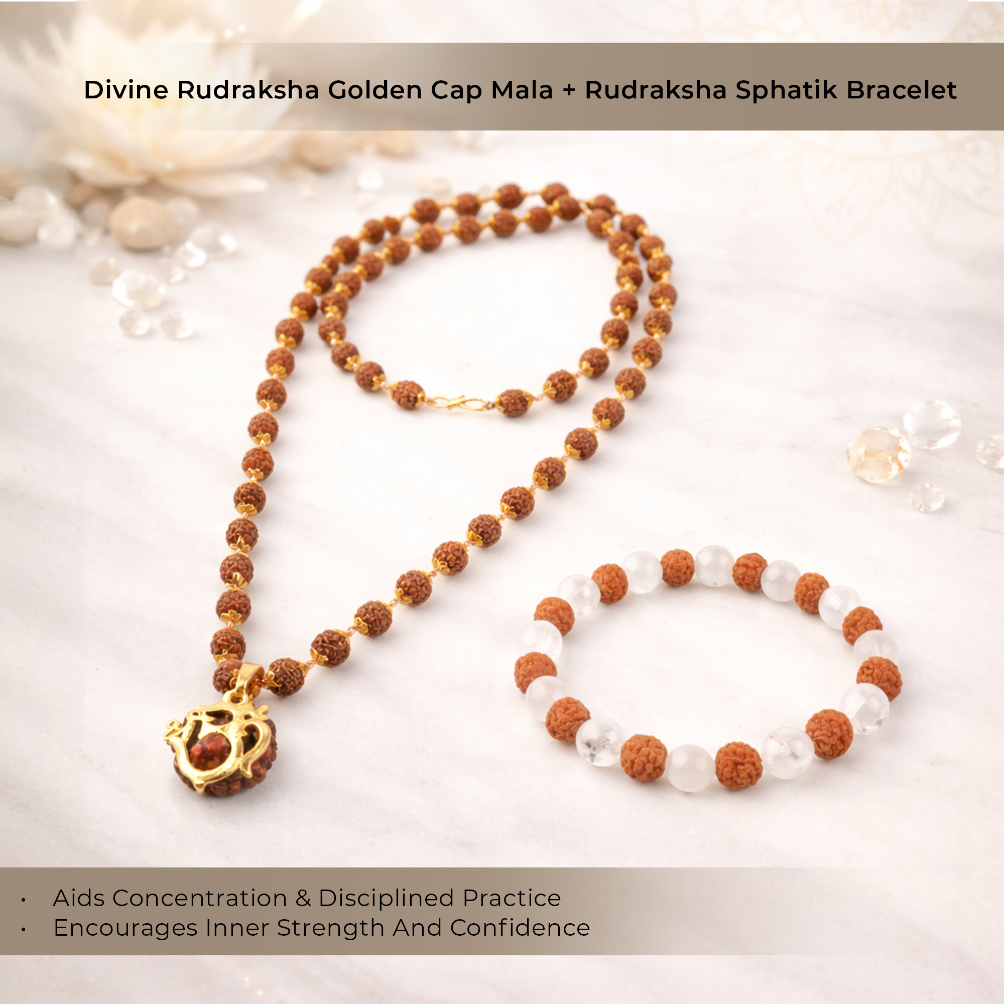 Rudraksha Golden Cap Mala with Single Rudraksha Bead & Rudraksha-Sphatik Bracelet Combo