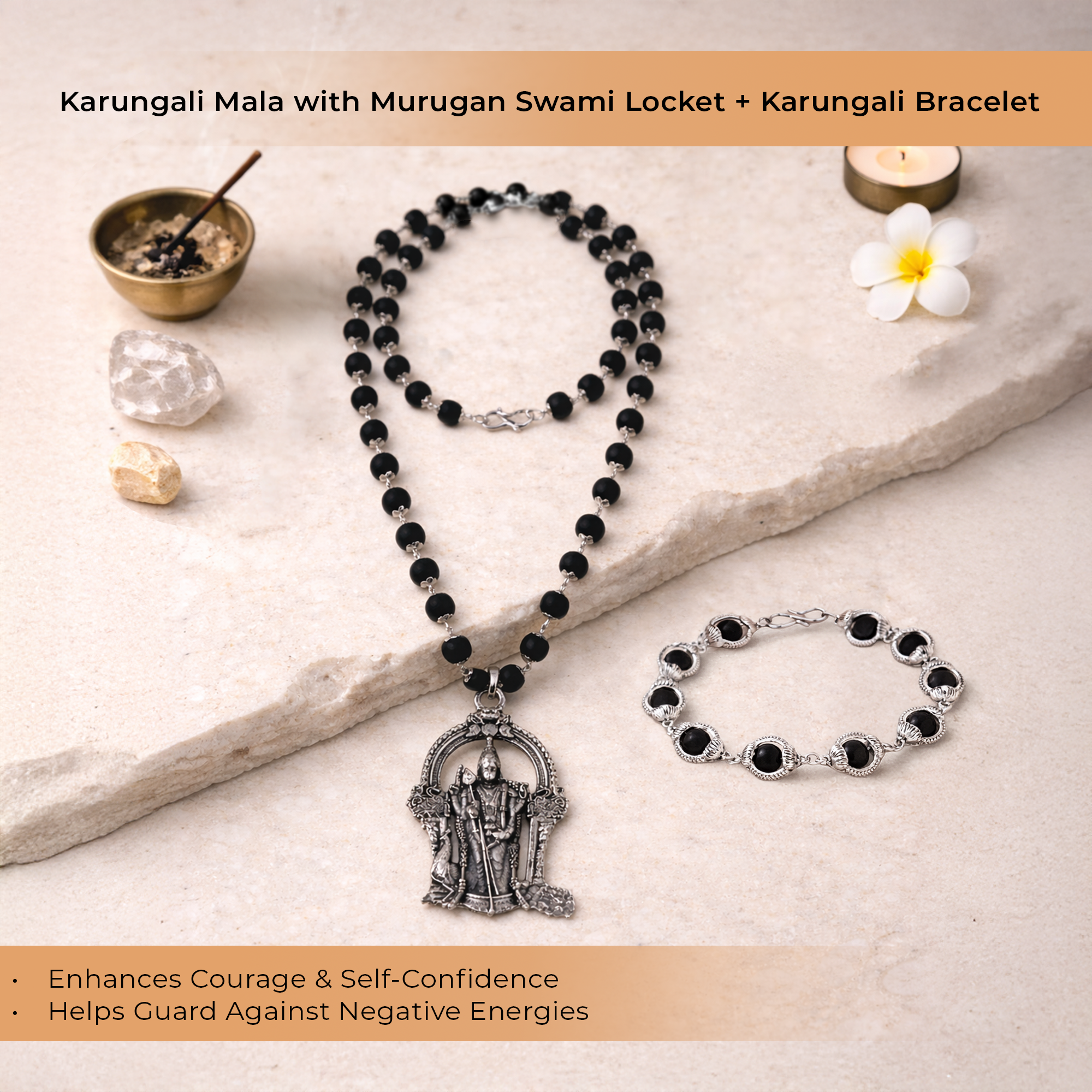 Karungali Cap Mala with Murugan Swami Locket & Karungali Malai Bracelet Combo