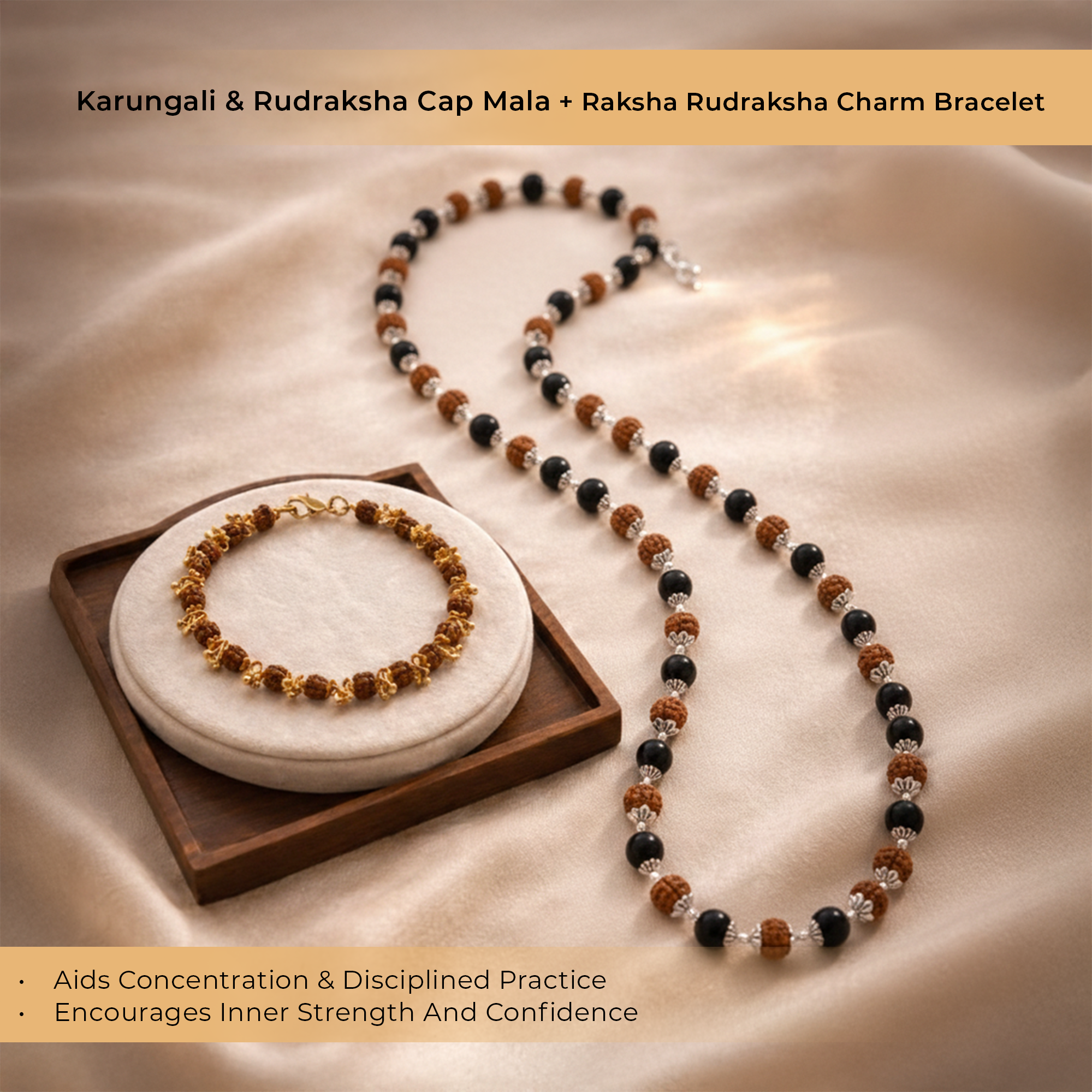 Shiv Shakti Karungali & Rudraksha Cap Mala and Rudraksha Gold Plated Charm Bracelet Combo