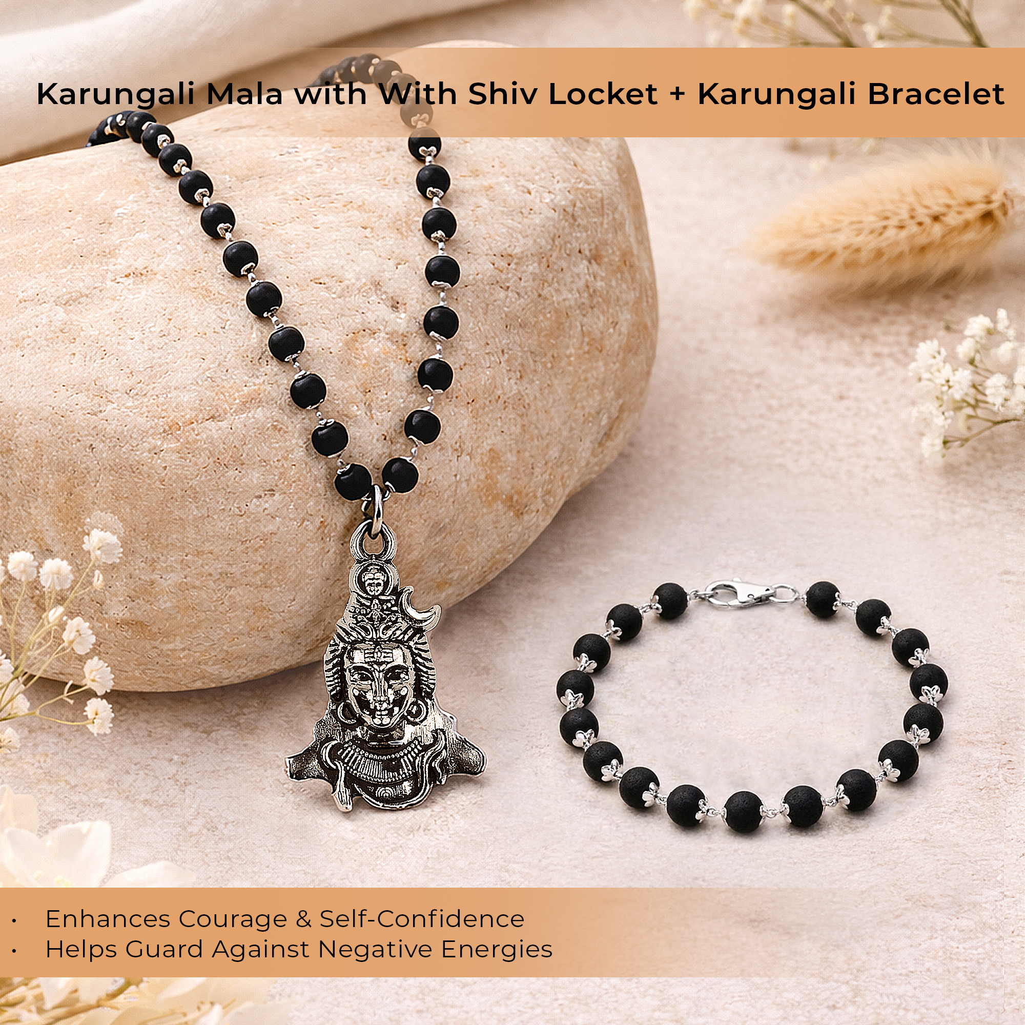 Karungali Cap Mala with Shiv Locket & Karungali Cap Bracelet Combo
