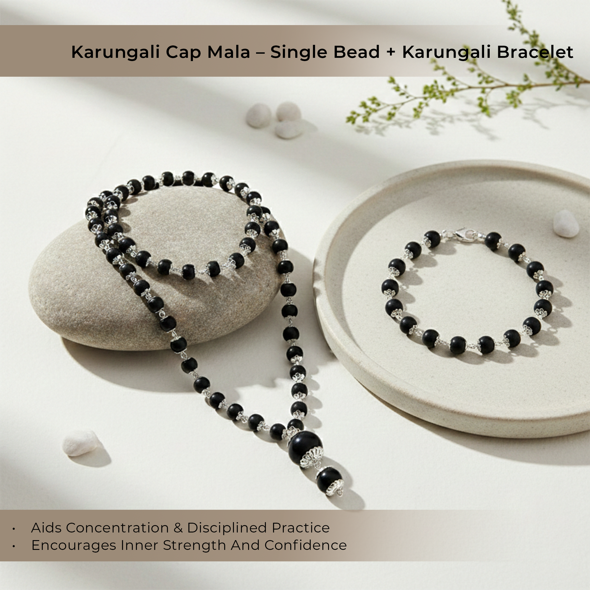 Karungali Cap Mala with Single Bead & Karungali Cap Bracelet Combo