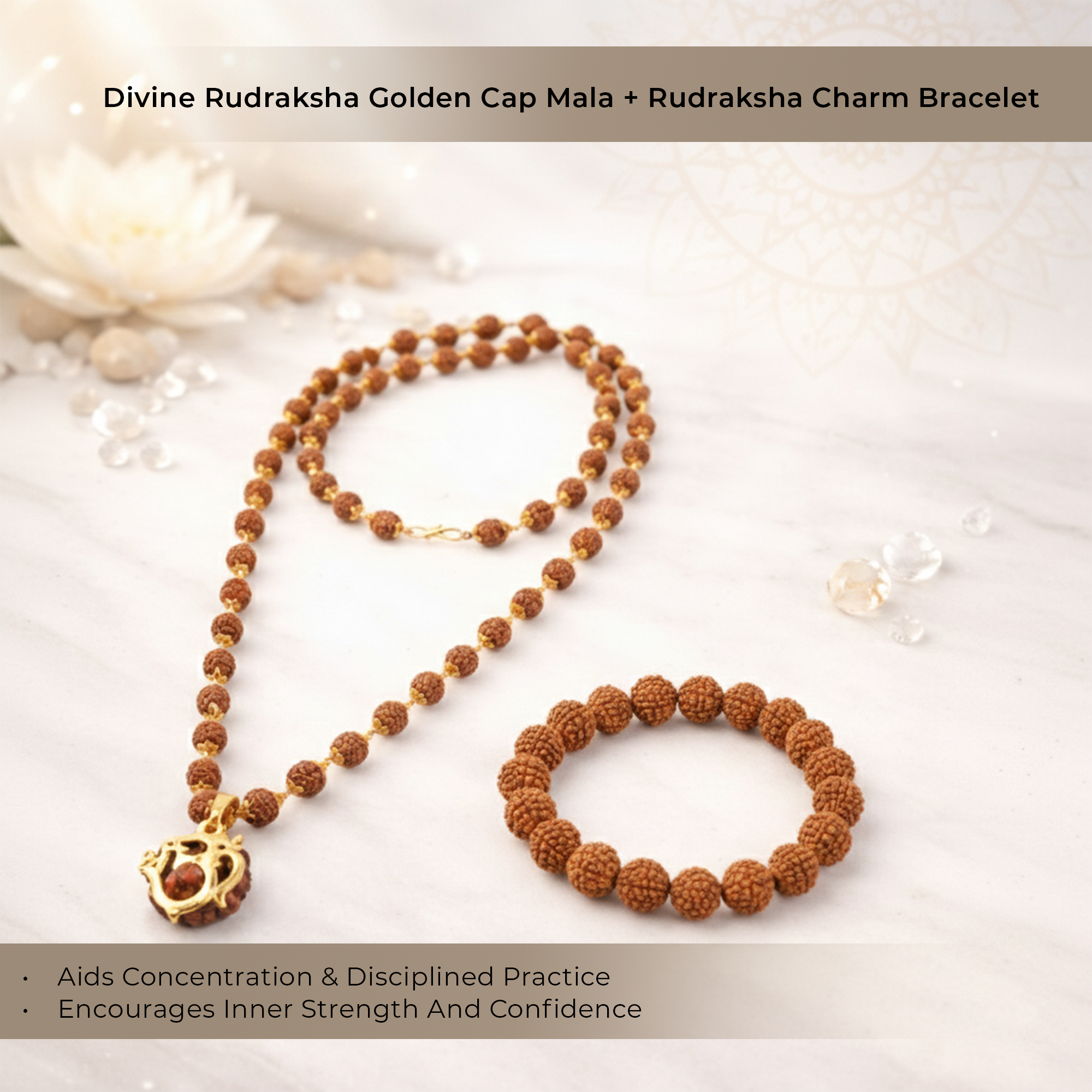 Rudraksha Golden Cap Mala with Single Rudraksha Bead & 5 Mukhi Rudraksha Bracelet Combo