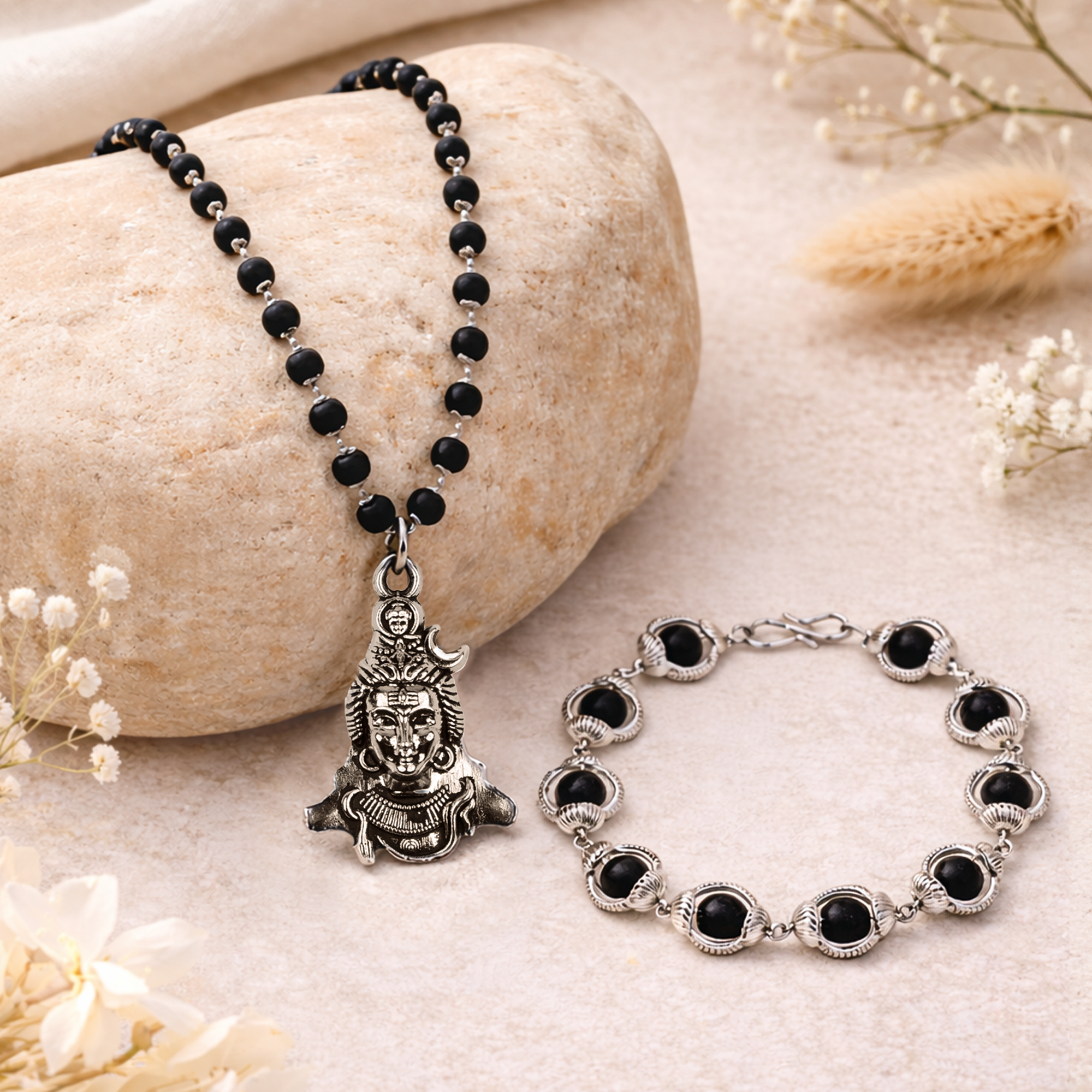 Karungali Cap Mala with Shiv Locket & Karungali Malai Bracelet Combo