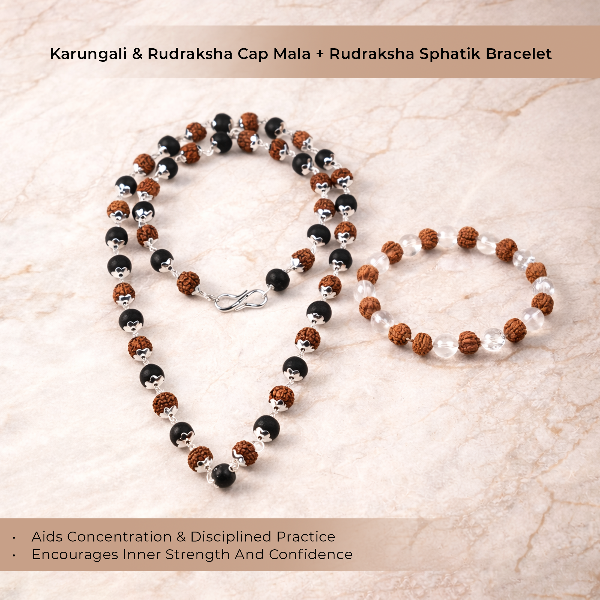 Shiv Shakti Karungali & Rudraksha Cap Mala & Rudraksha Sphatik Bracelet Combo