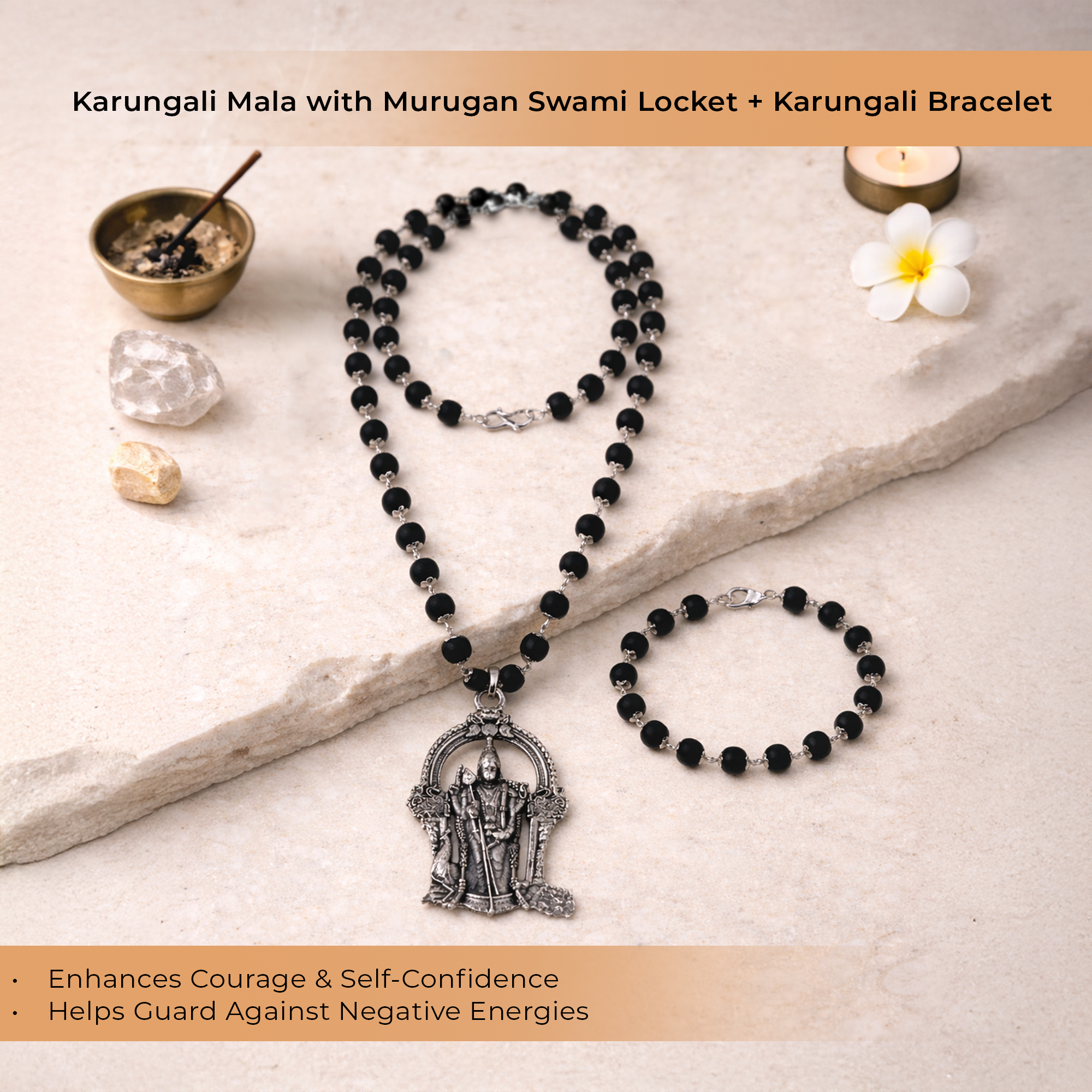 Divine Karungali Mala with Murugan Swami Locket & Power Karungali Cap Bracelet Combo