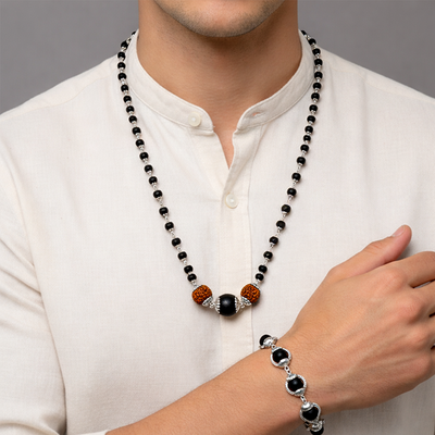 Karungali Cap Mala with Two 5-Face Rudraksha Beads & 1 Karungali Bead & Karungali Malai Bracelet Combo