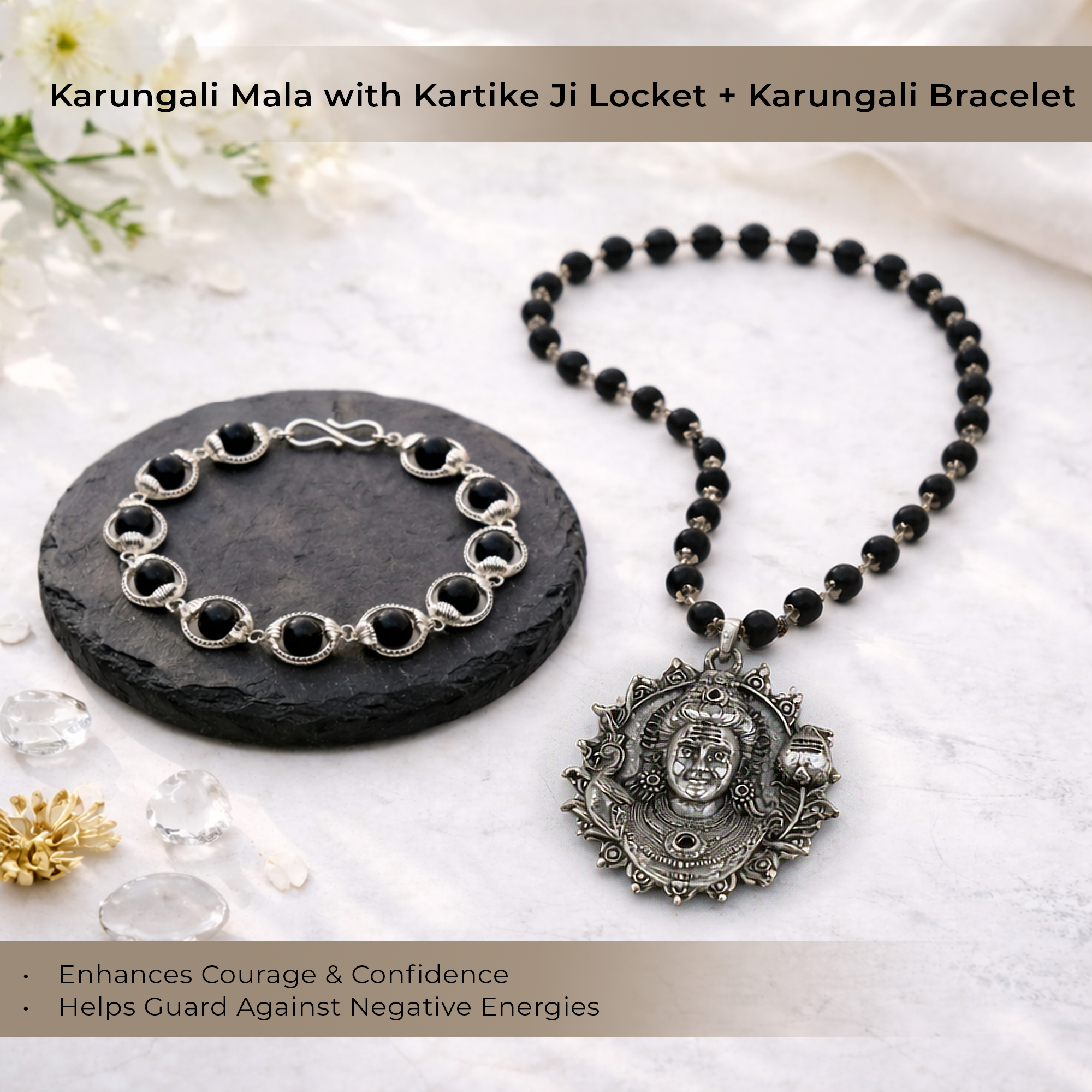 Karungali Cap Mala with Kartike Ji Locket & Karungali Malai Bracelet Combo