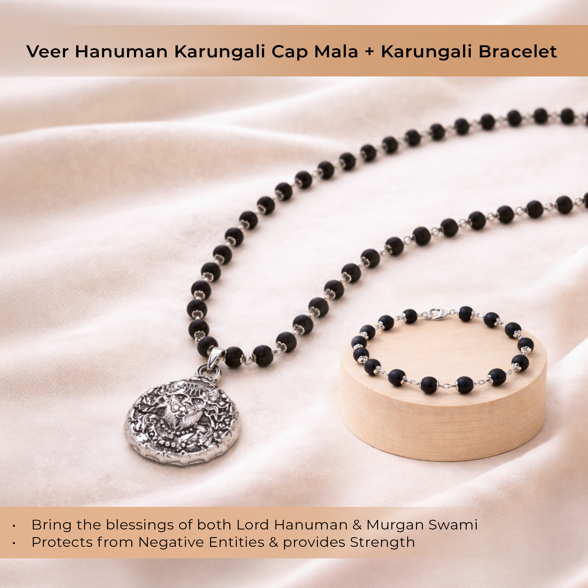 Veer Hanuman Karungali Cap Mala & Karungali Cap Bracelet Combo