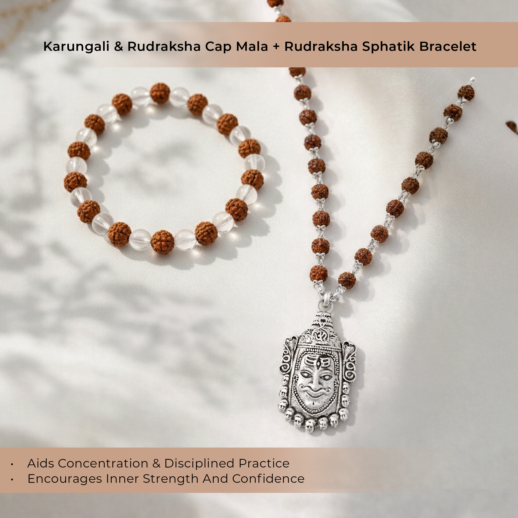 Mahakaal Shakti Rudraksha Cap Mala & Rudraksha Sphatik Bracelet Combo