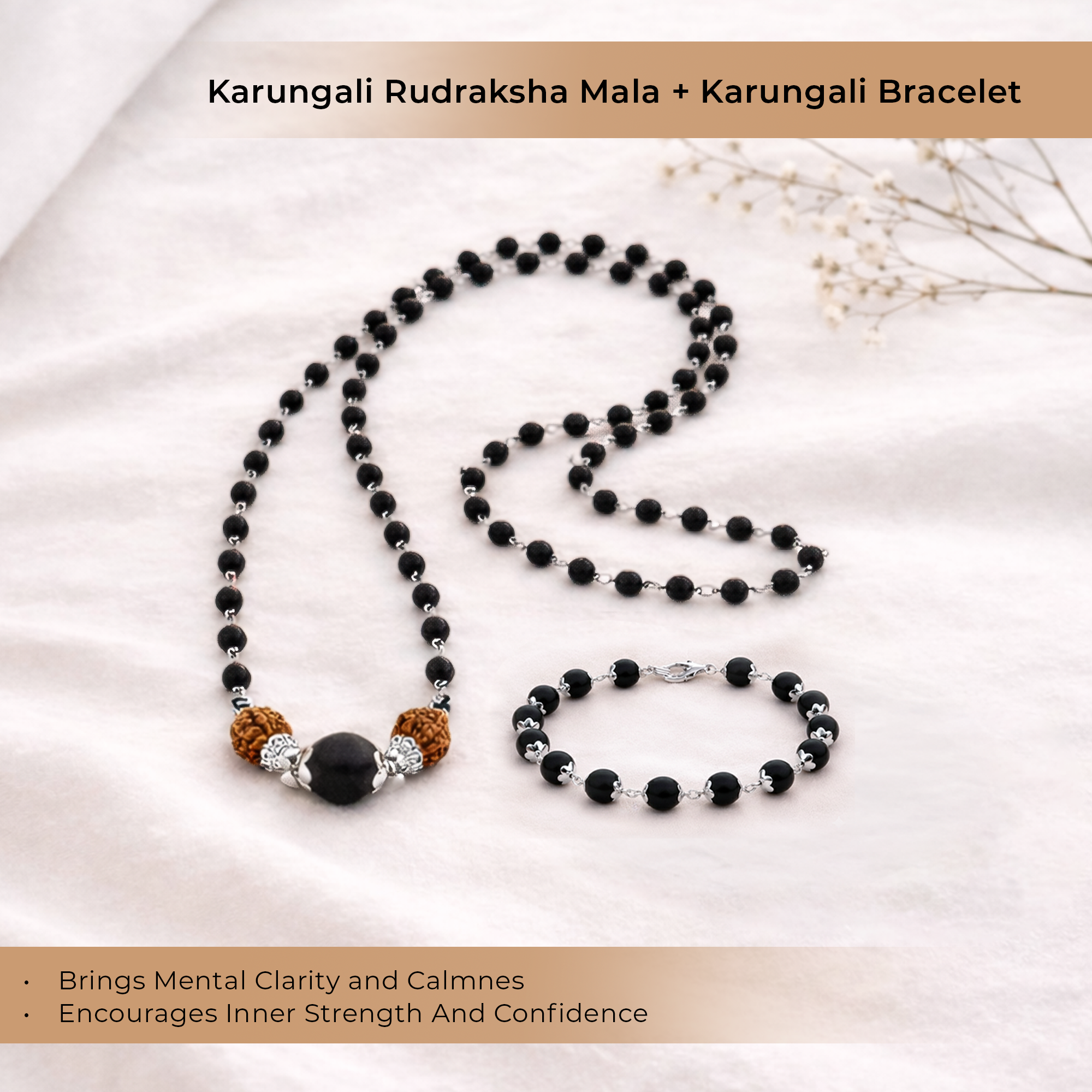 Karungali Cap Mala with Two 5-Face Rudraksha Beads & 1 Karungali Bead & Karungali Cap Bracelet Combo
