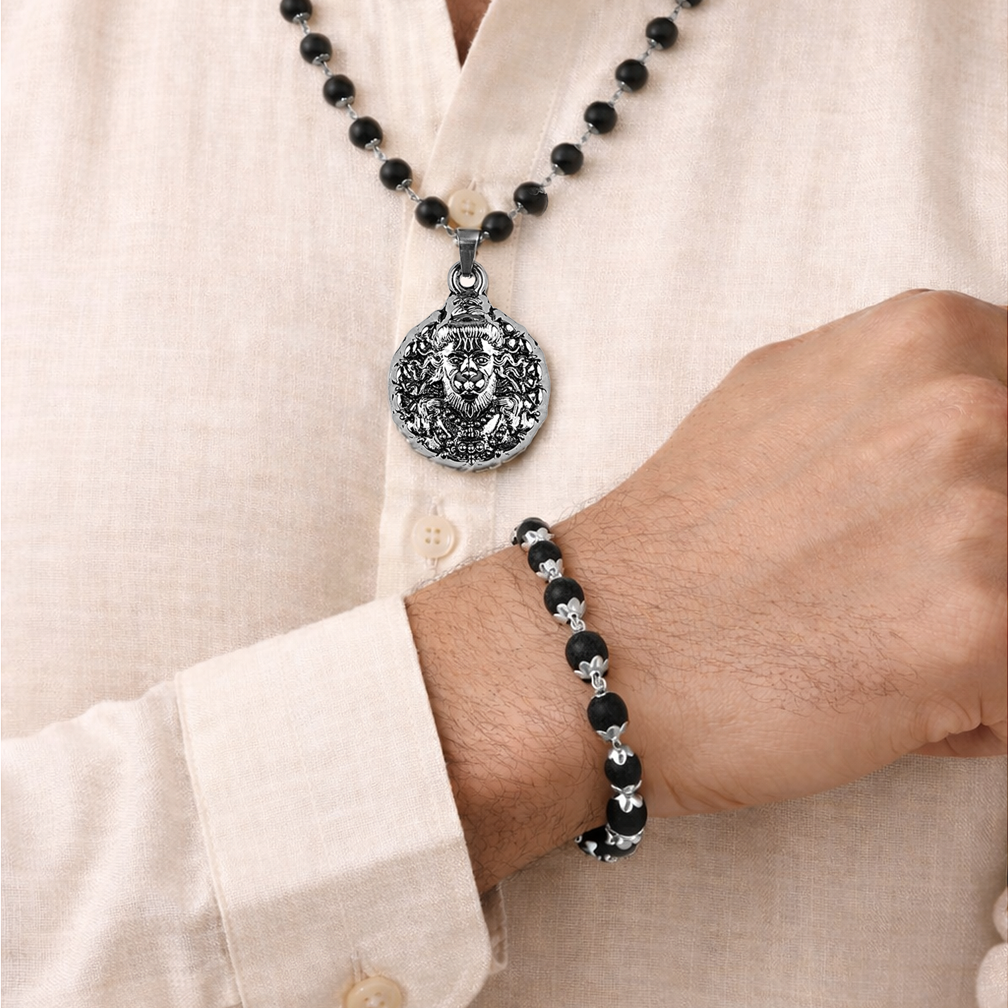 Veer Hanuman Karungali Cap Mala & Karungali Cap Bracelet Combo