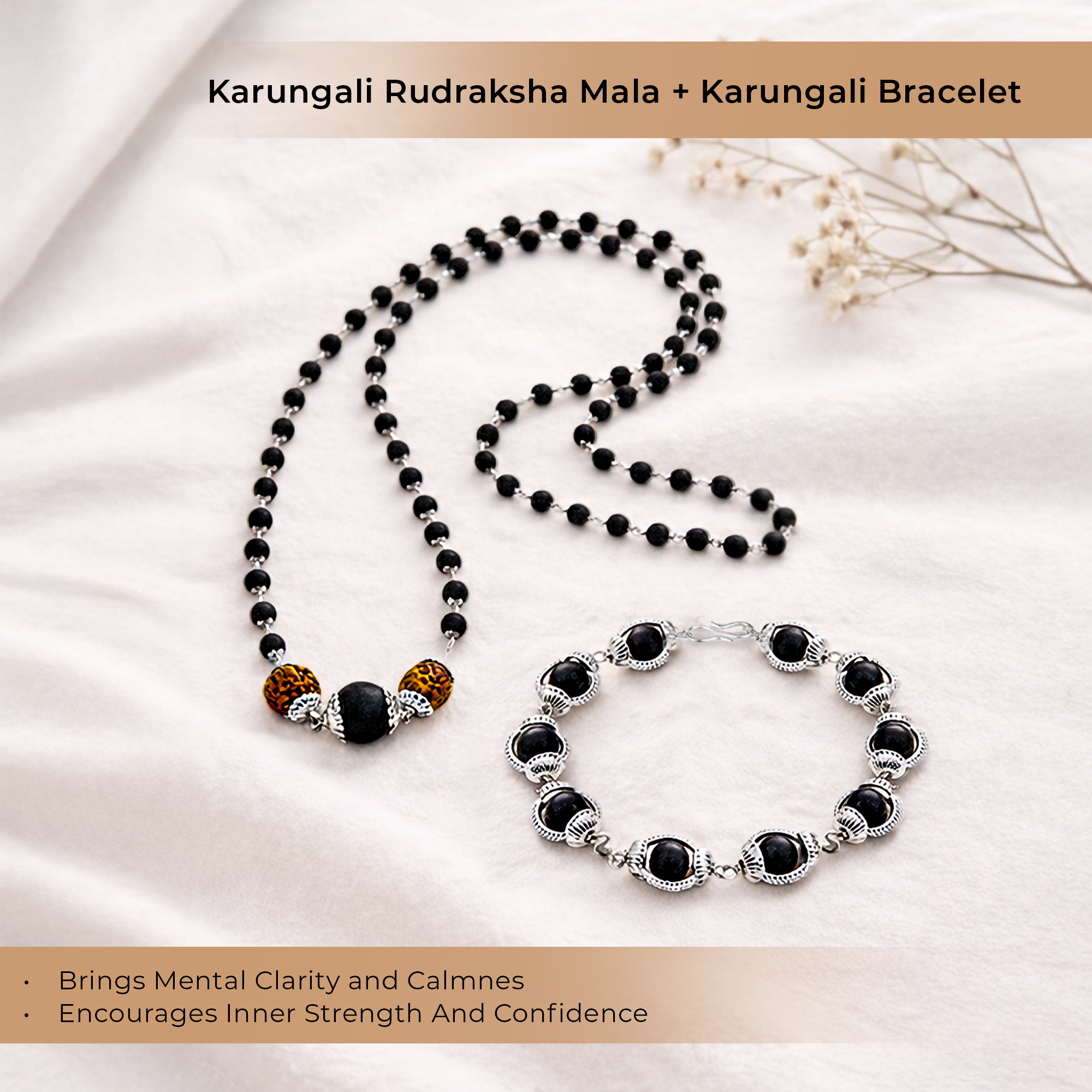 Karungali Cap Mala with Two 5-Face Rudraksha Beads & 1 Karungali Bead & Karungali Malai Bracelet Combo
