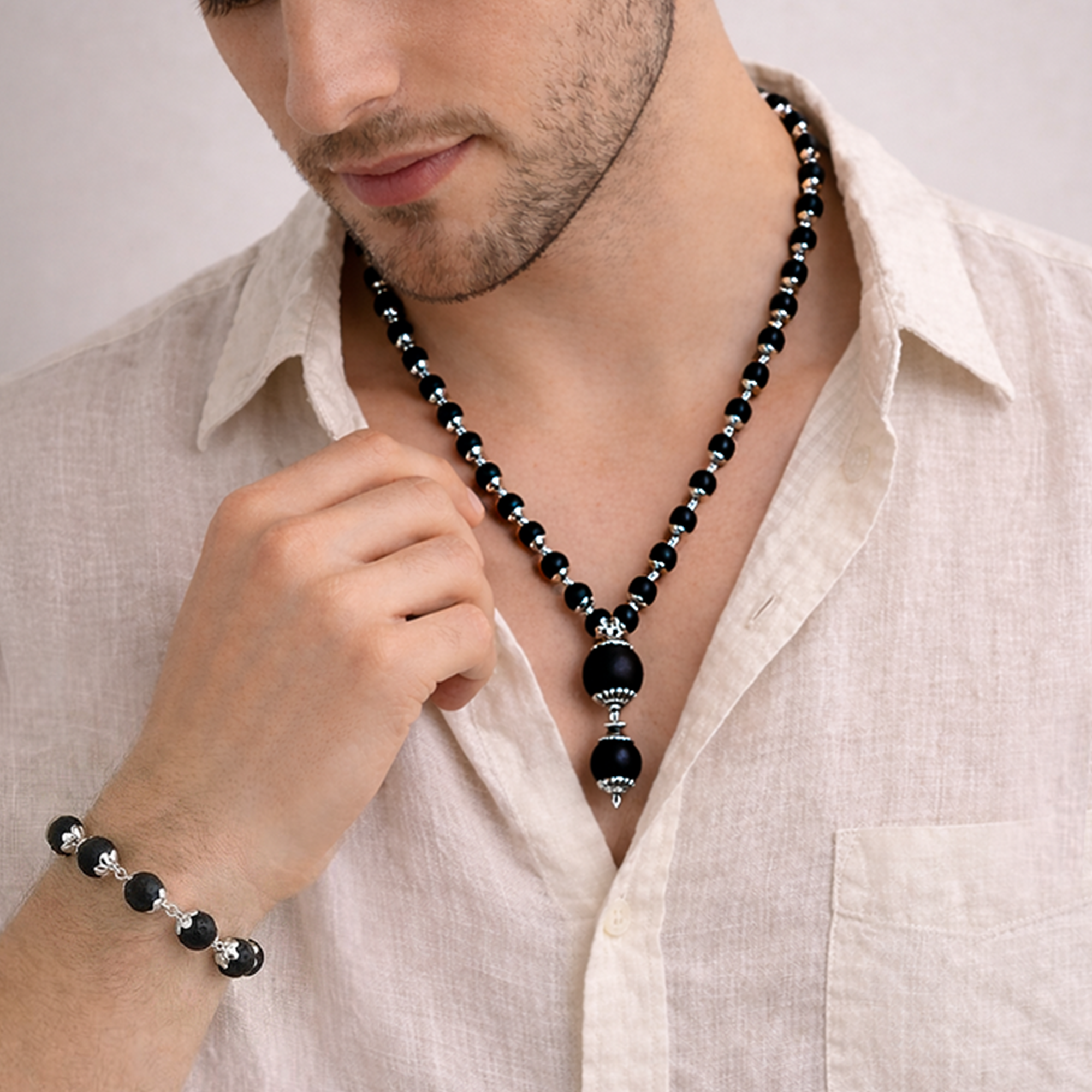 Karungali Cap Mala with Single Bead & Karungali Cap Bracelet Combo