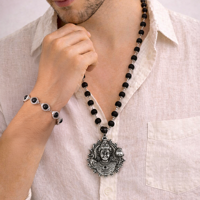 Karungali Cap Mala with Kartike Ji Locket & Karungali Malai Bracelet Combo