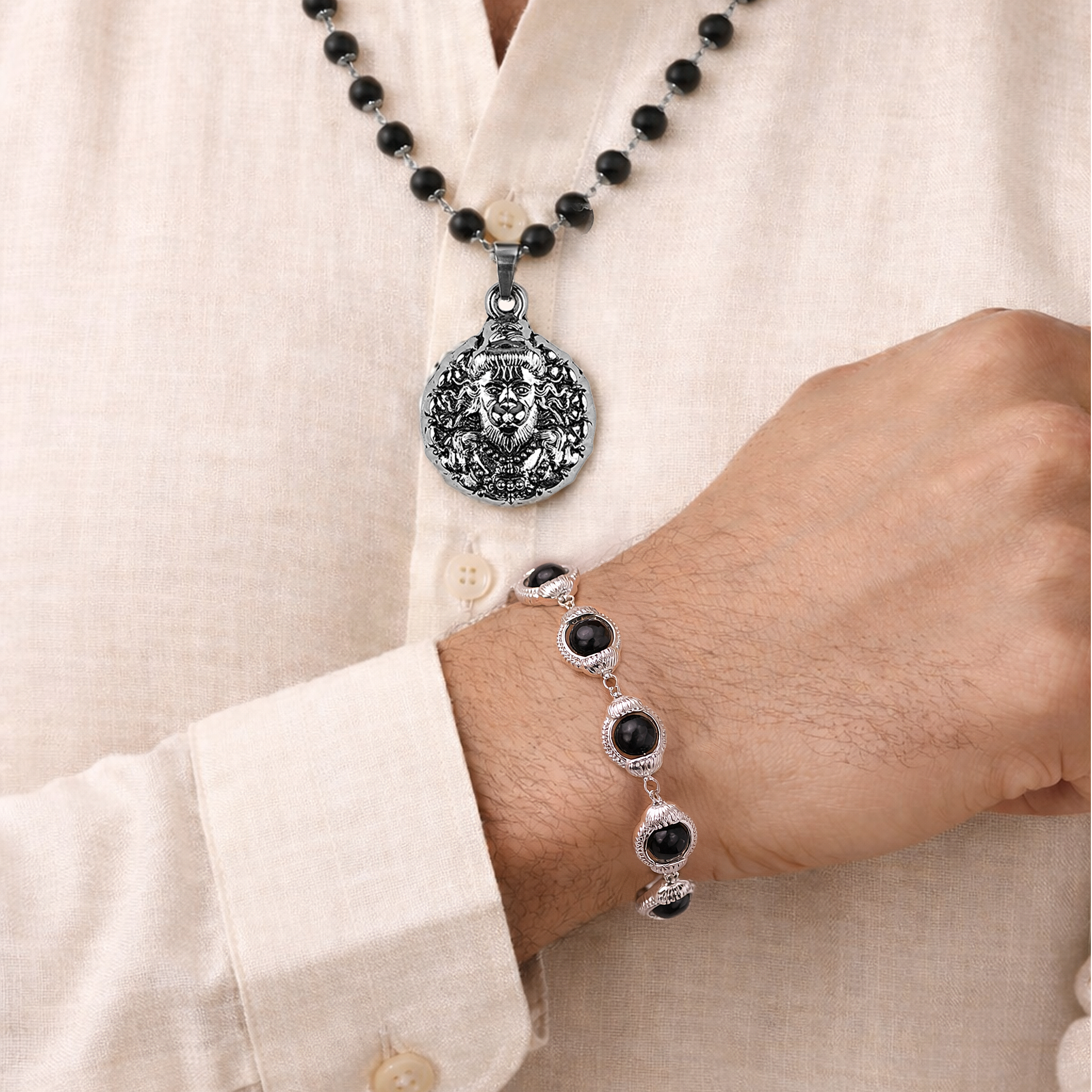 Veer Hanuman Karungali Cap Mala & Karungali Malai Bracelet Combo