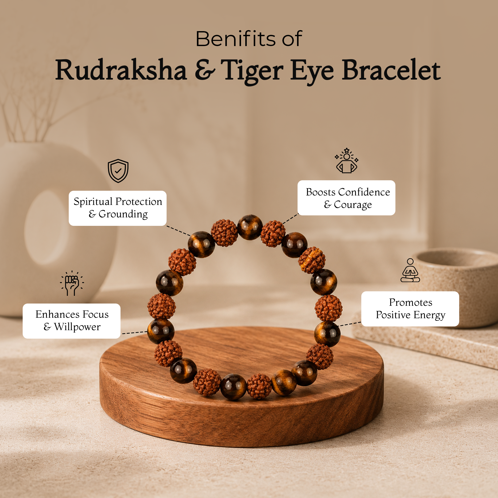 Rudraksha & Tiger Eye Bead Bracelet