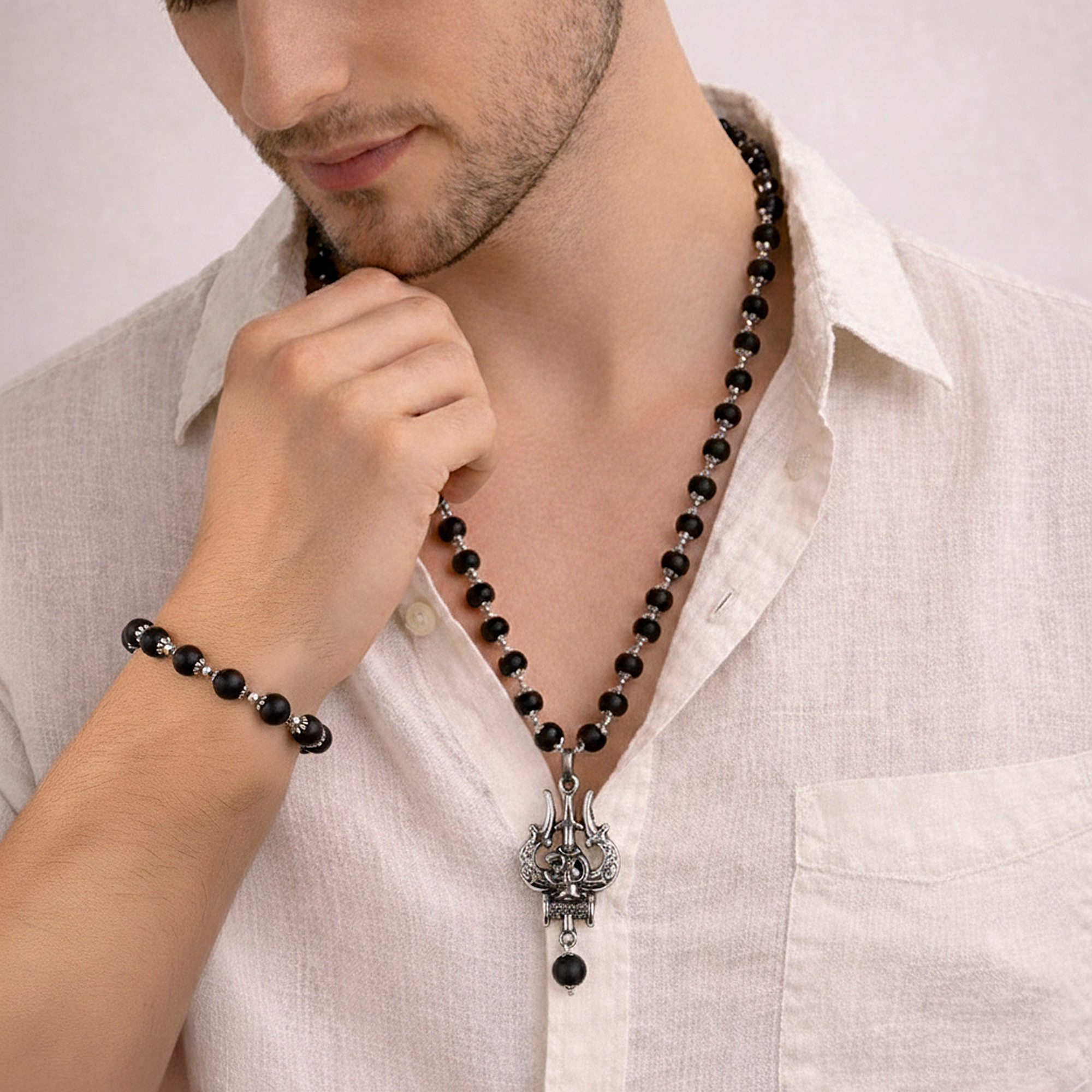 Karungali Cap Mala with Trishul and Karungali Bead & Karungali Cap Bracelet Combo