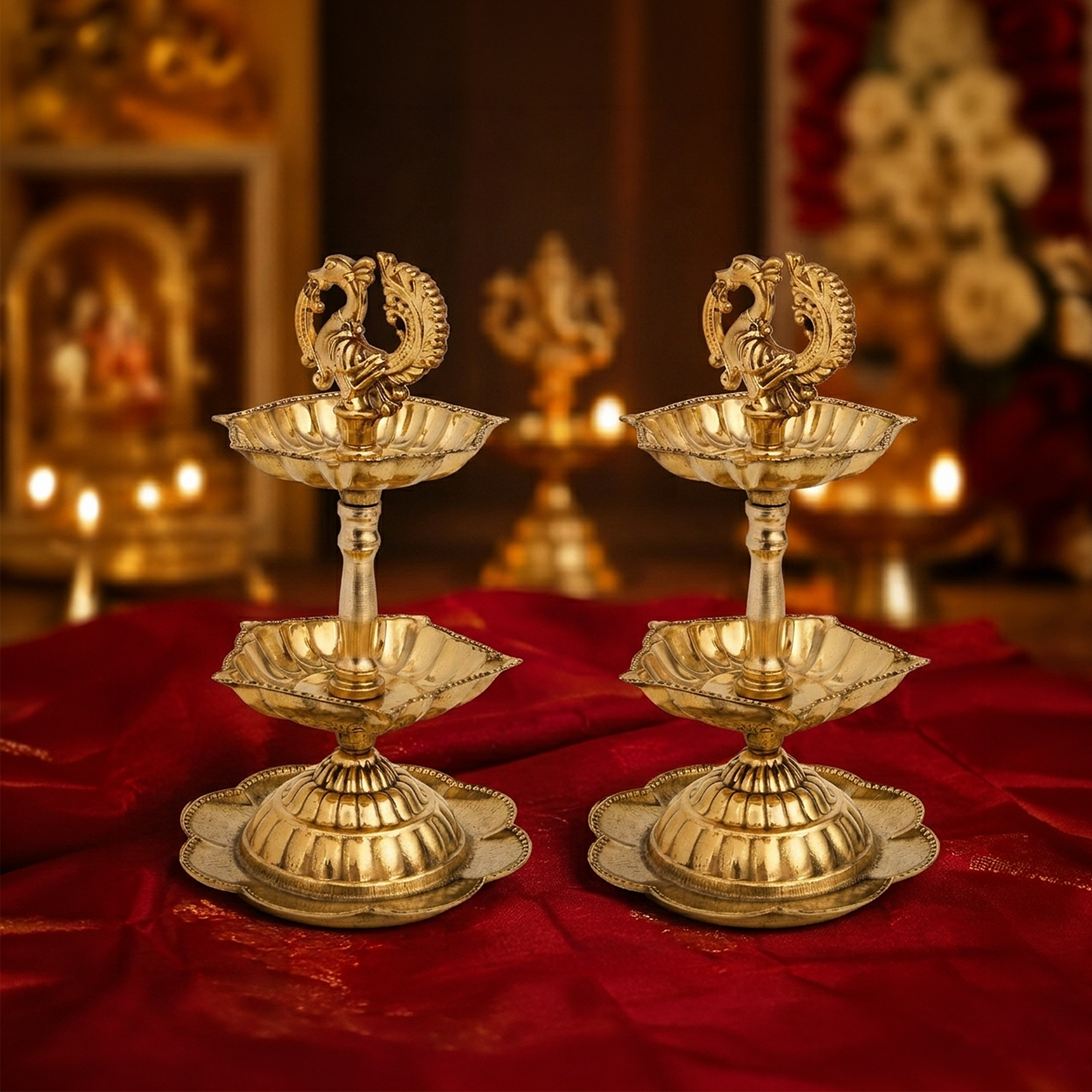 2-tier Brass Peacock Oil Lamp- Duo Set