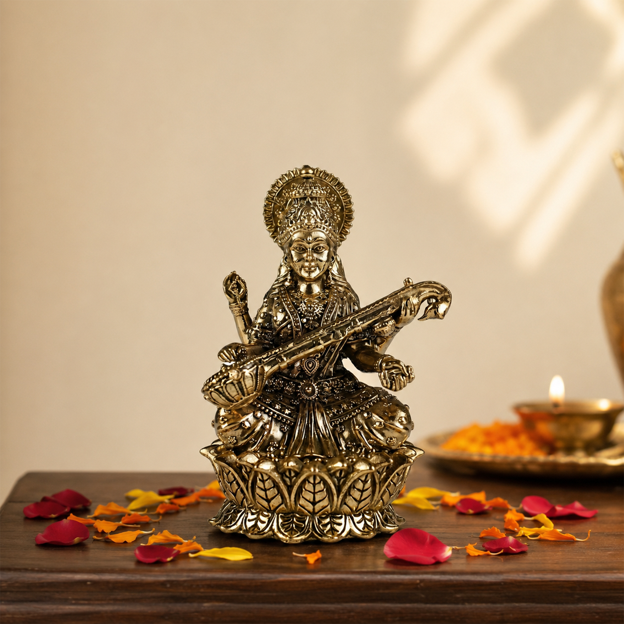 Maa Saraswati Lotus Brass Idol