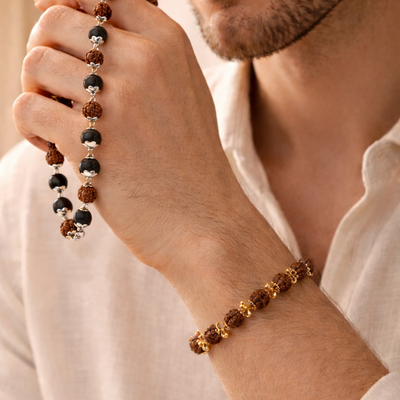 Shiv Shakti Karungali & Rudraksha Cap Mala and Rudraksha Gold Plated Charm Bracelet Combo