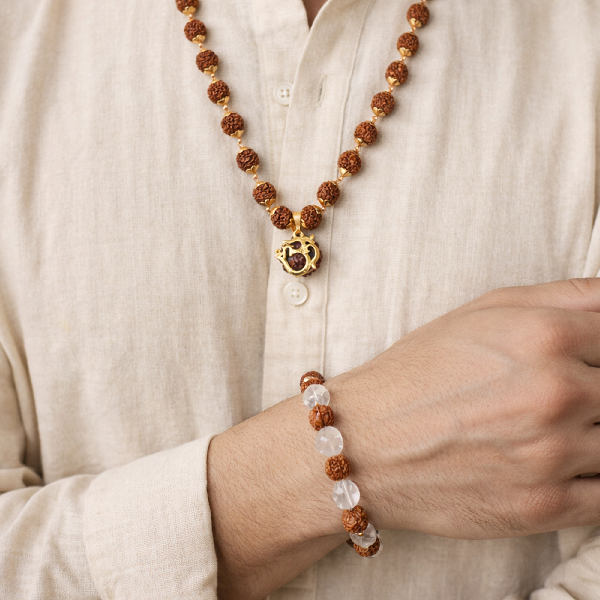 Rudraksha Golden Cap Mala with Single Rudraksha Bead & Rudraksha-Sphatik Bracelet Combo