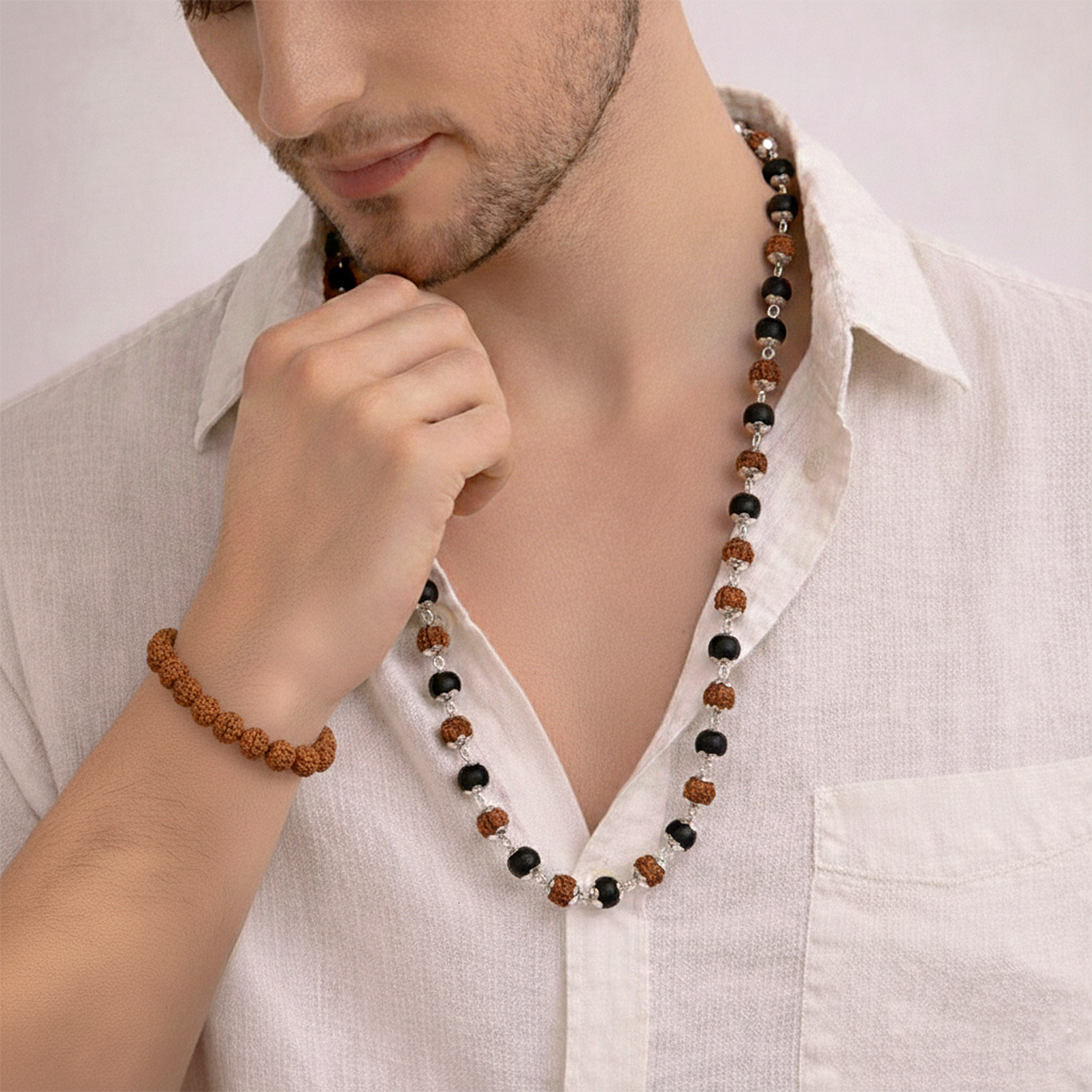 Shiv Shakti Karungali & Rudraksha Cap Mala and 5 Mukhi Rudraksha Bracelet Combo