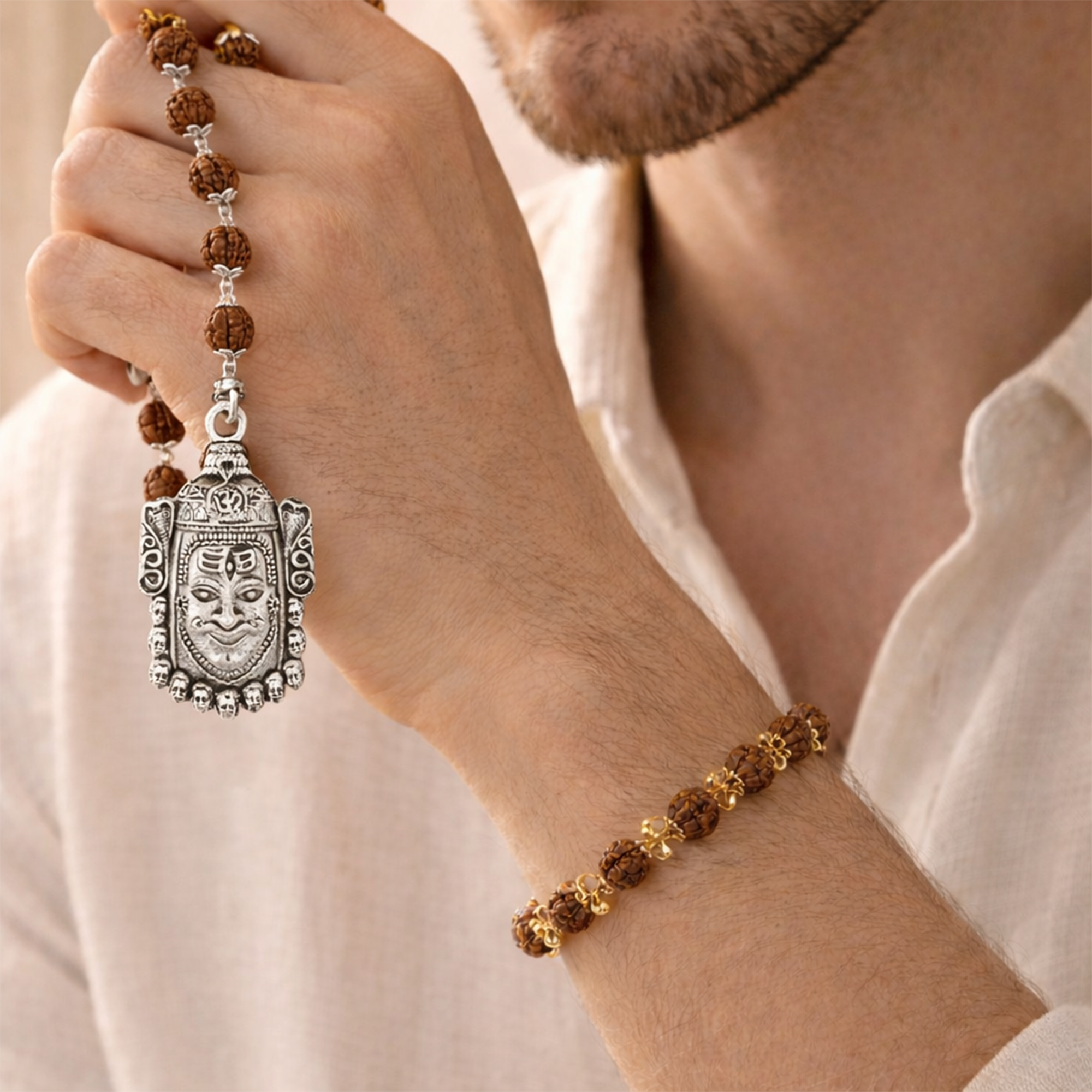 Mahakaal Shakti Rudraksha Cap Mala & Raksha Rudraksha Charm Bracelet Combo