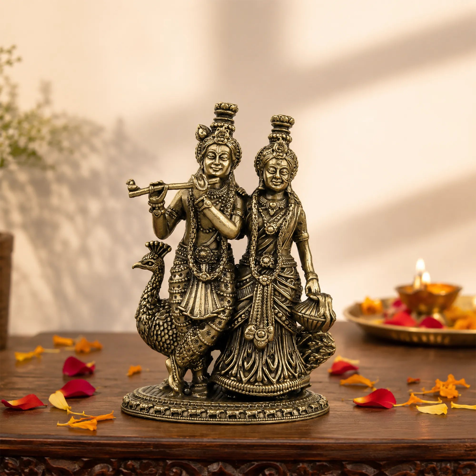Brass Mayur Sang Radha Krishna Idol
