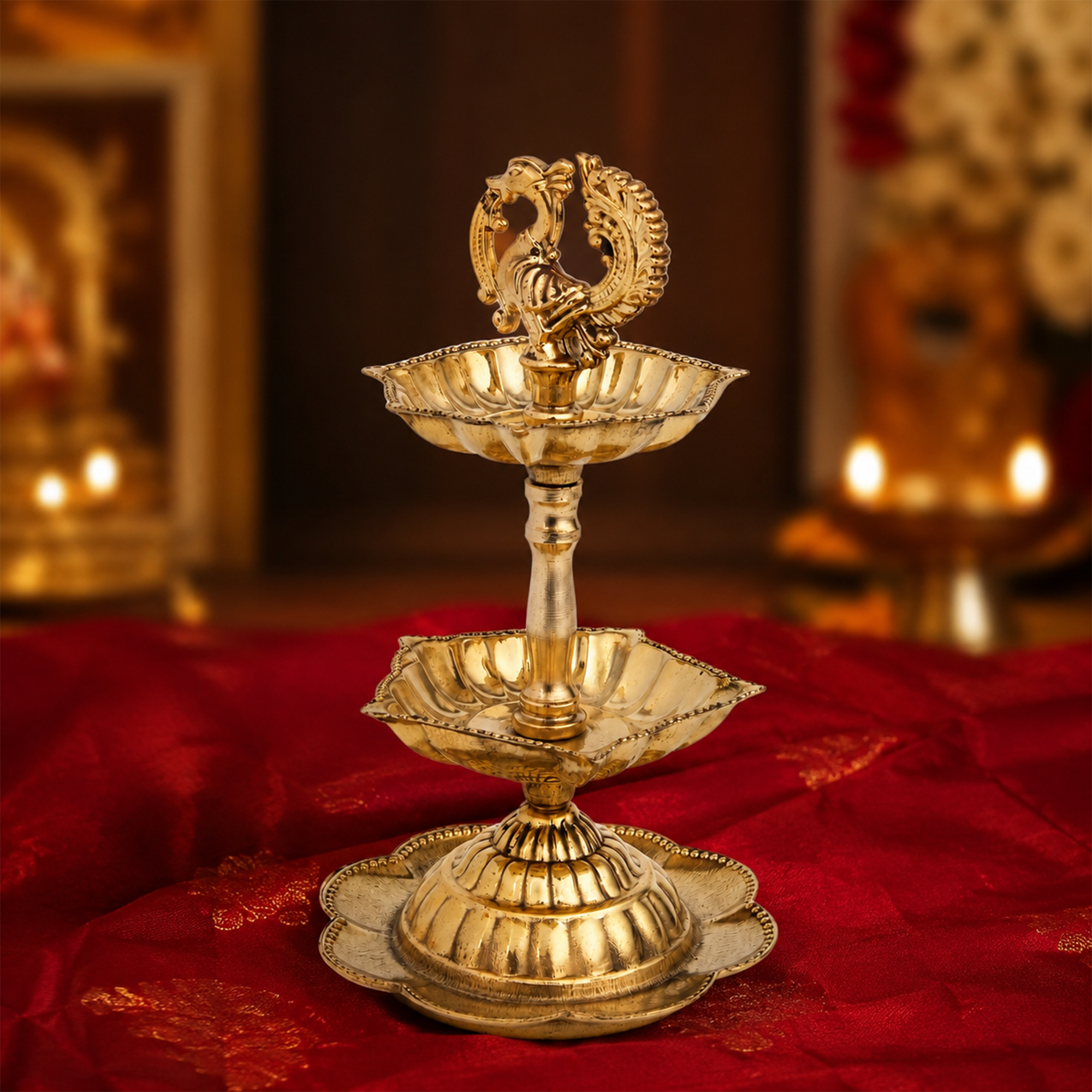 2-tier Brass Peacock Oil Lamp