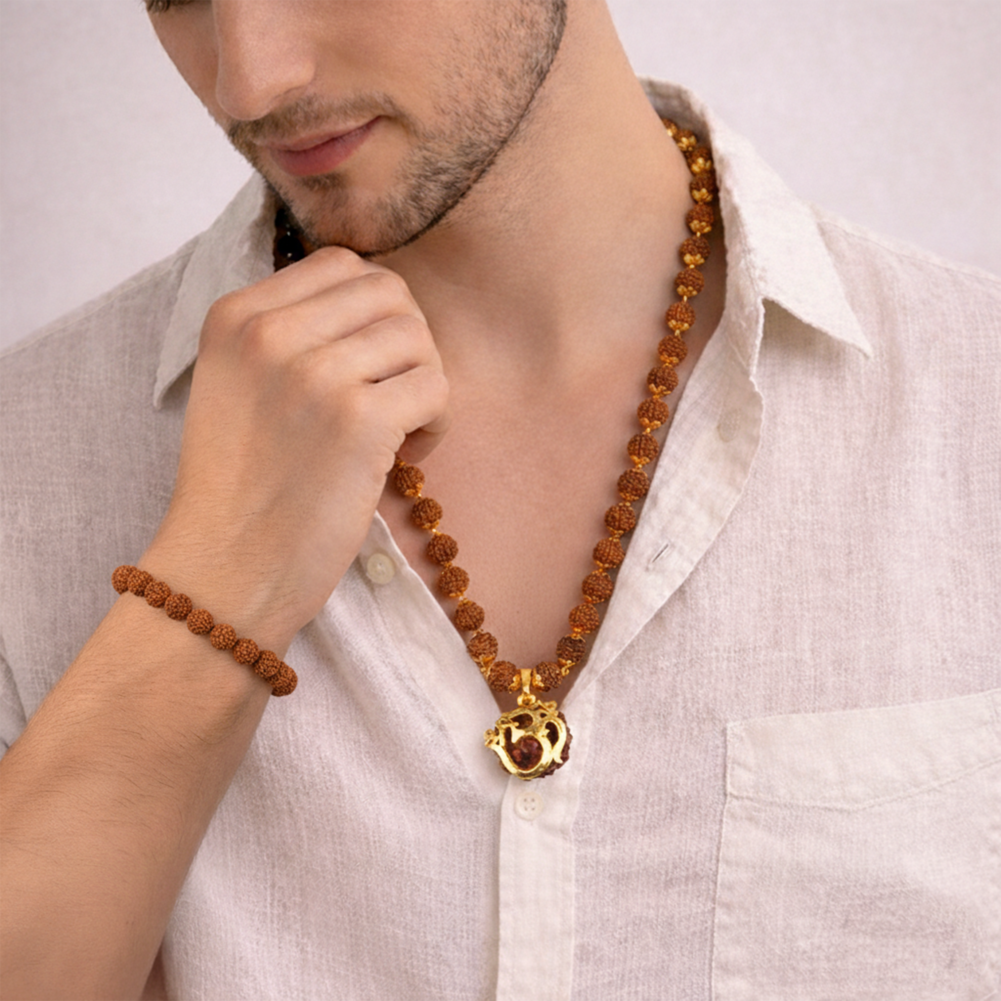 Rudraksha Golden Cap Mala with Single Rudraksha Bead & 5 Mukhi Rudraksha Bracelet Combo