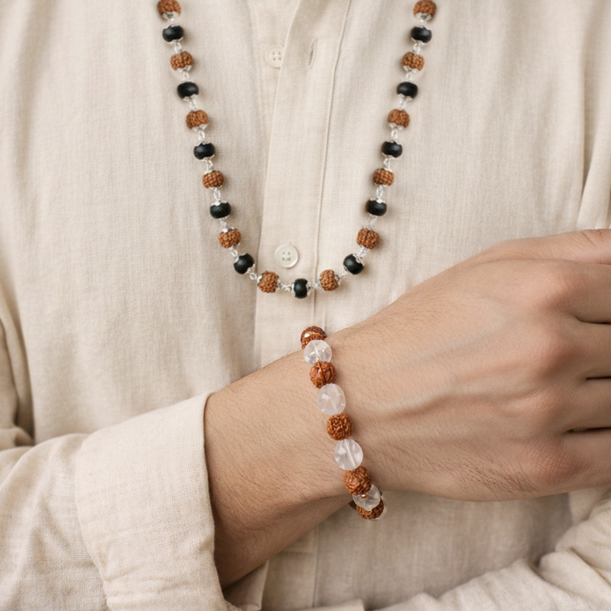 Shiv Shakti Karungali & Rudraksha Cap Mala & Rudraksha Sphatik Bracelet Combo