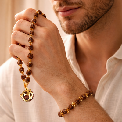 Rudraksha Golden Cap Mala with Single Rudraksha Bead & Rudraksha Gold Plated Charm Bracelet Combo