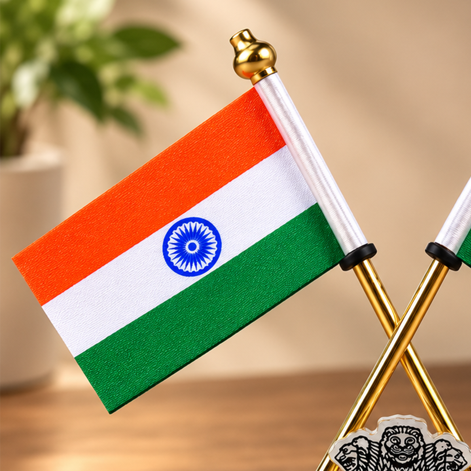 Brass National flag with Ashok Stambh