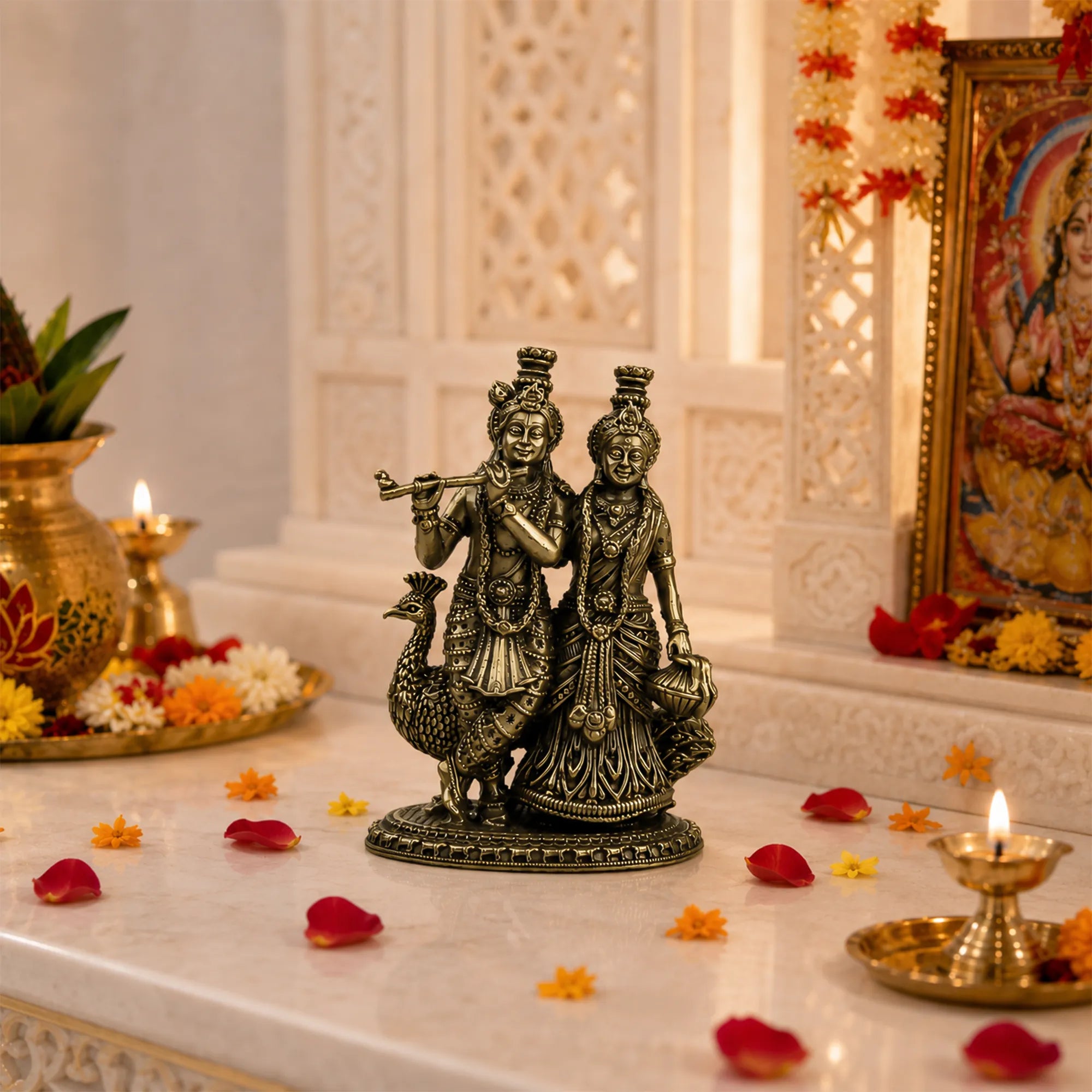 Brass Mayur Sang Radha Krishna Idol