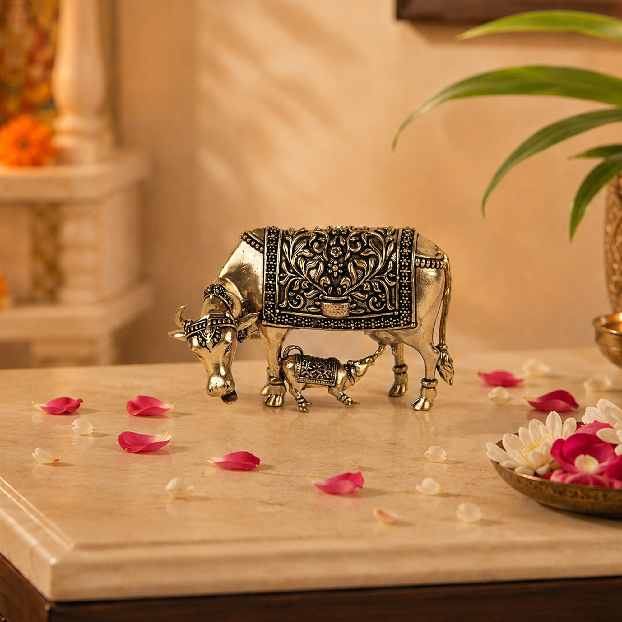 Kamdhenu Cow & Calf Brass Idol