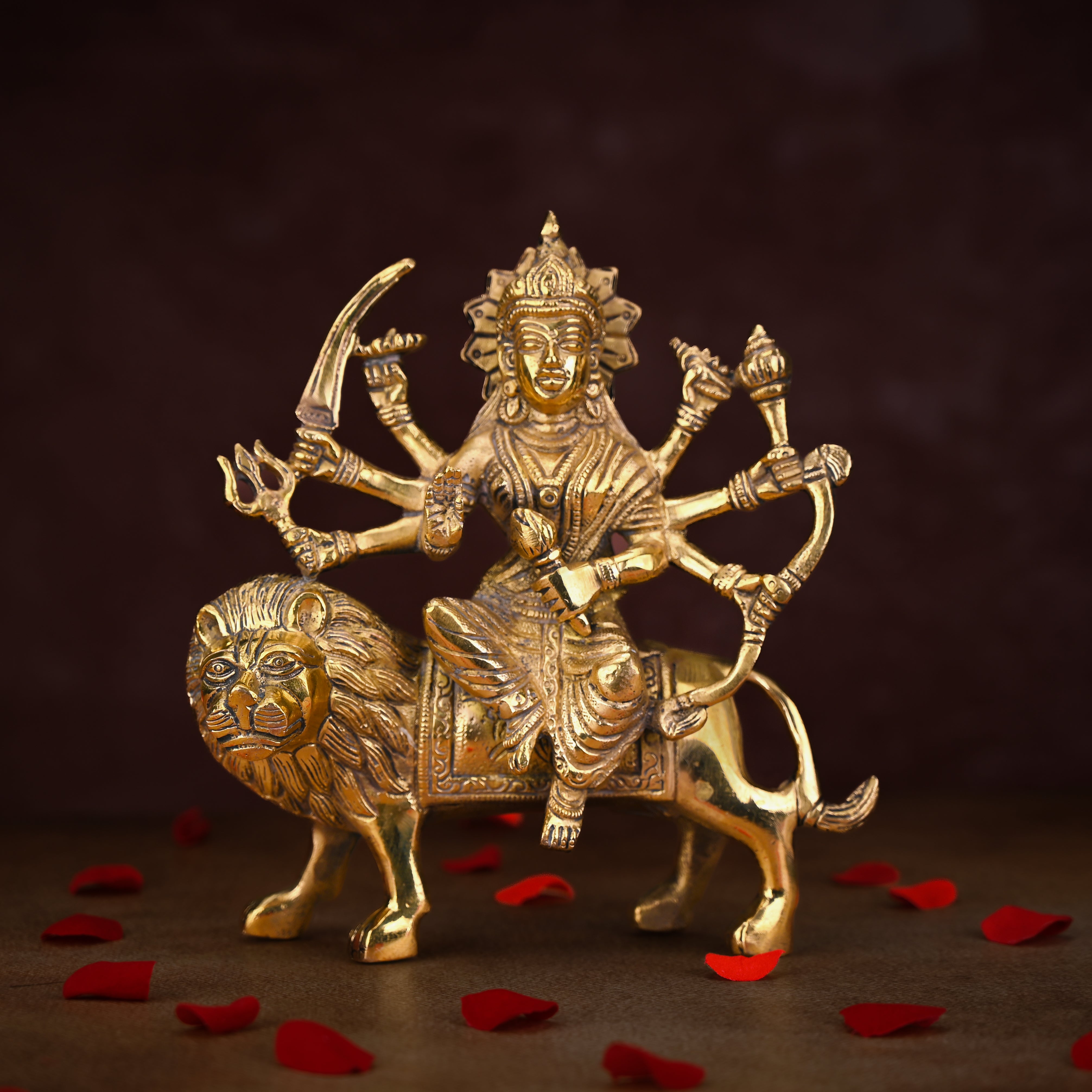 Brass Durga Mata With Lion 8 Inch