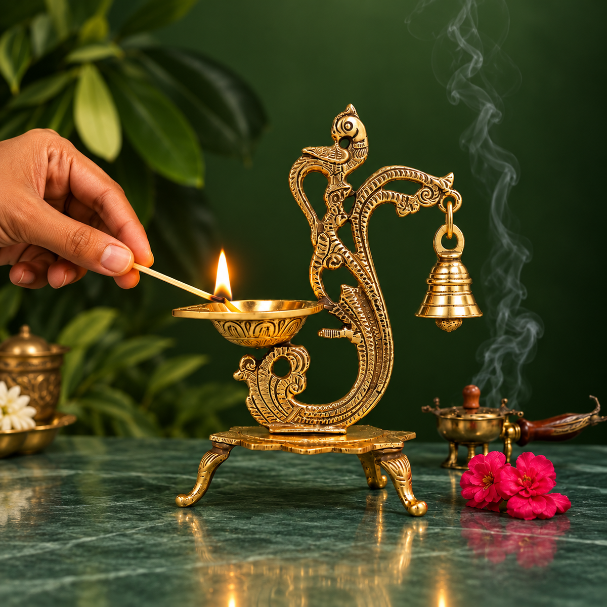 Antique Brass Peacock Diya with Hanging Bell