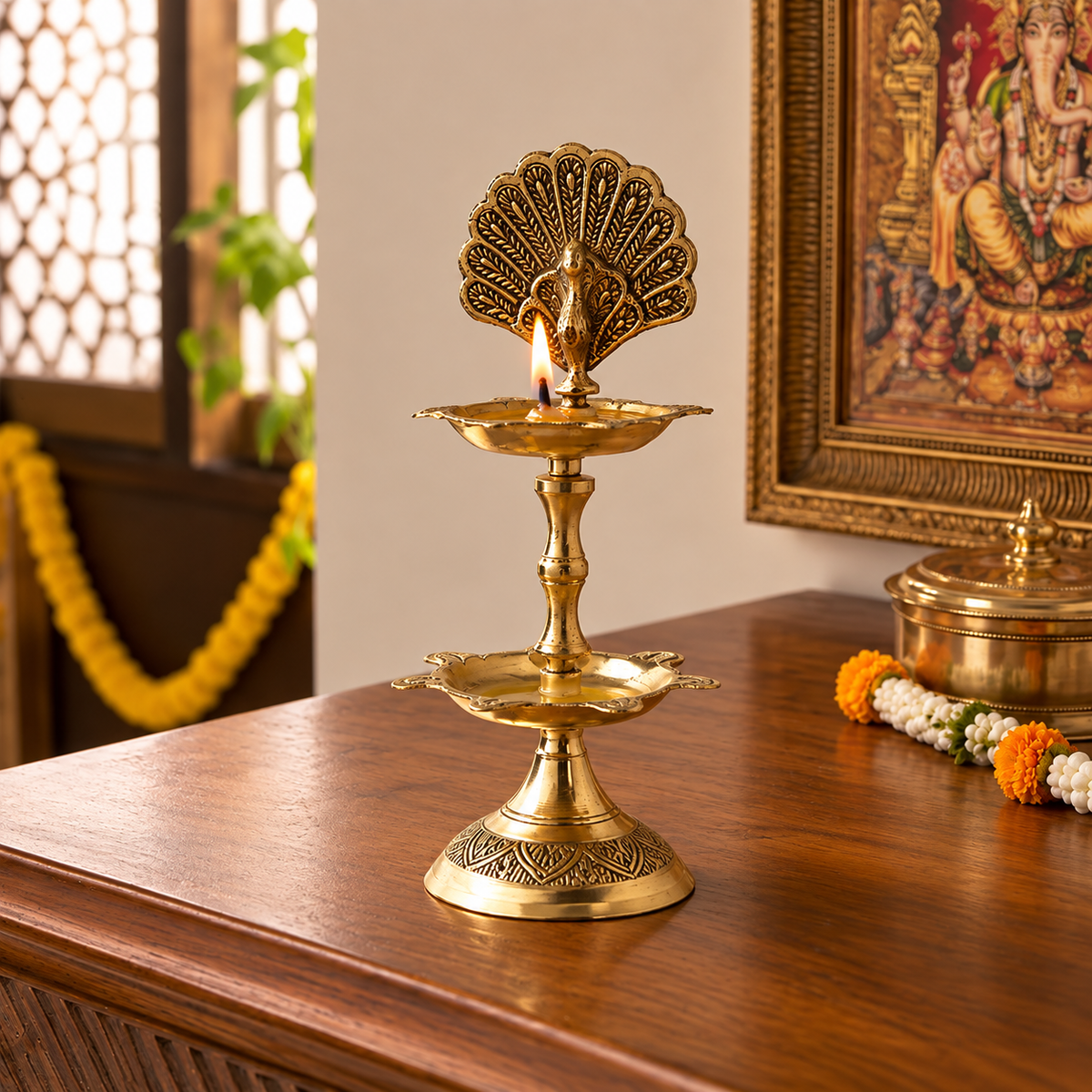 Traditional brass peacock Diya