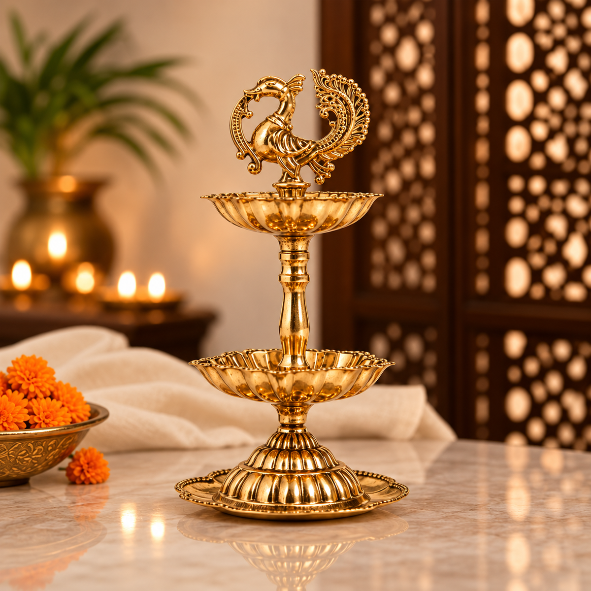 2-tier Brass Peacock Oil Lamp