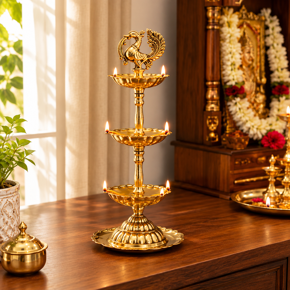 3-tier Brass Peacock Oil Lamp