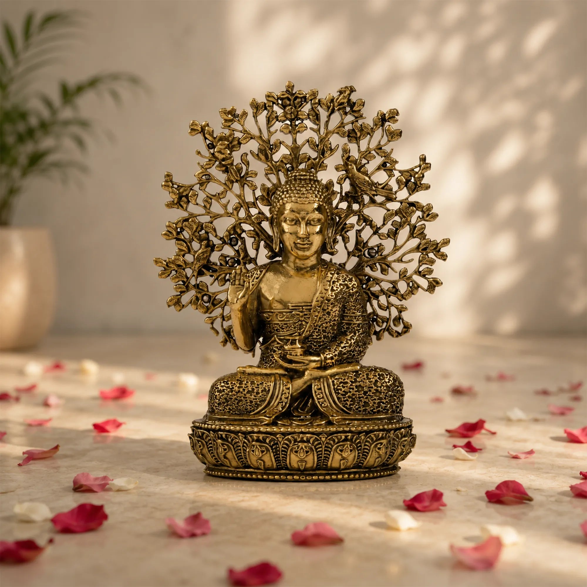 Lord Buddha with Bodhi Tree Brass Idol