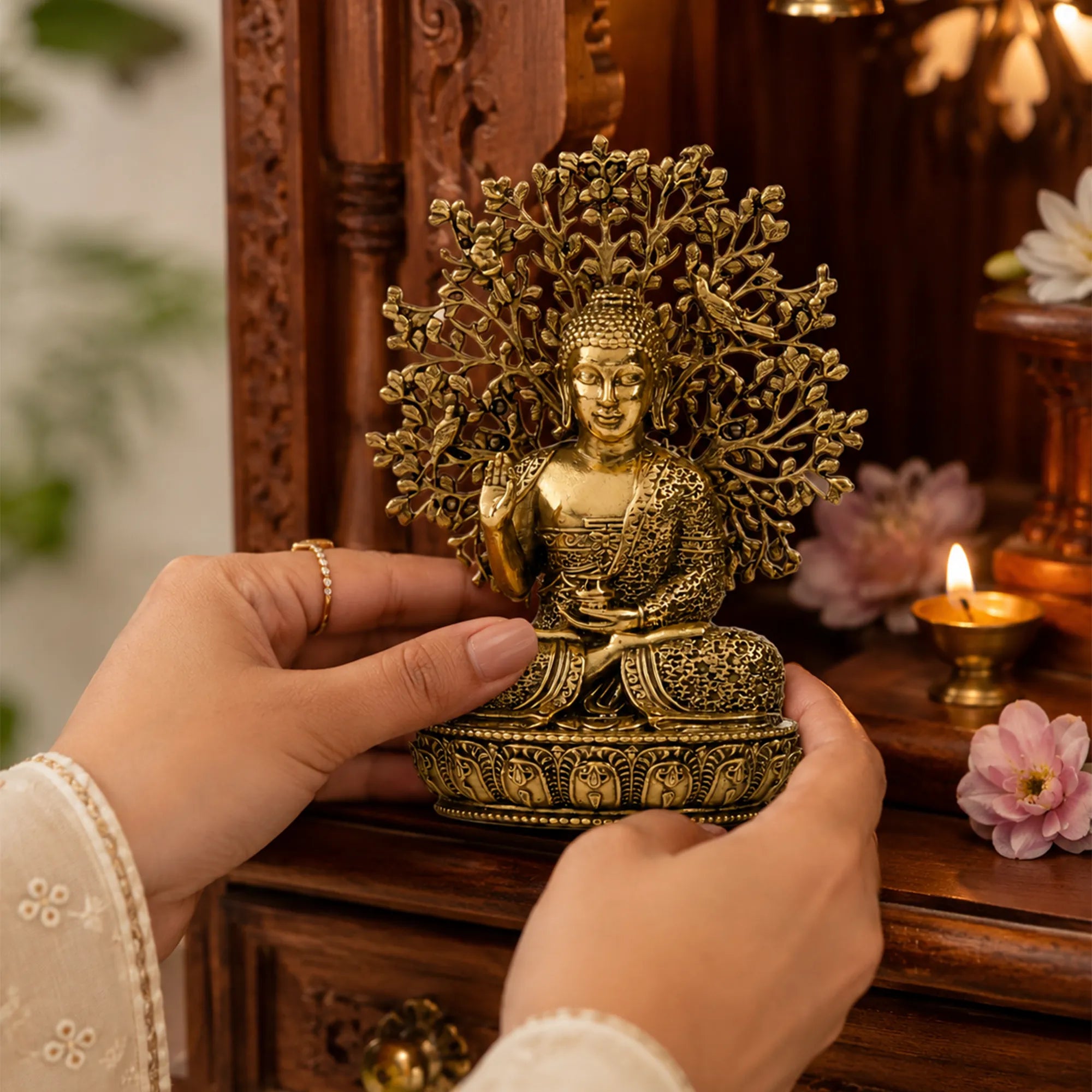 Lord Buddha with Bodhi Tree Brass Idol