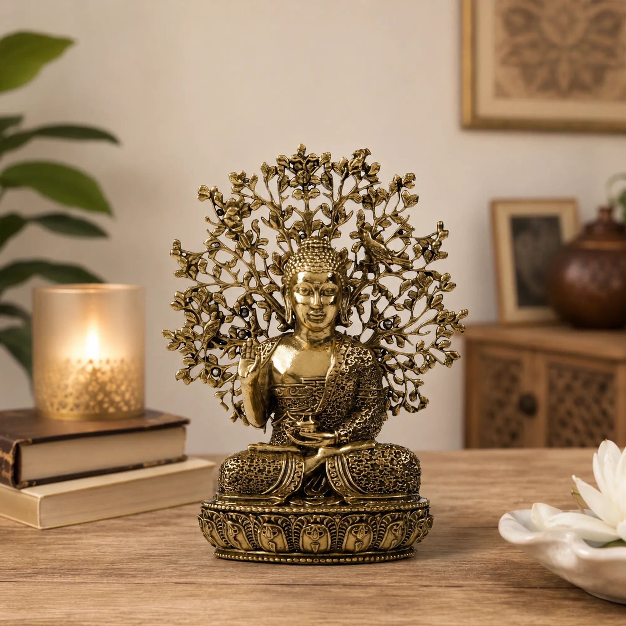 Lord Buddha with Bodhi Tree Brass Idol