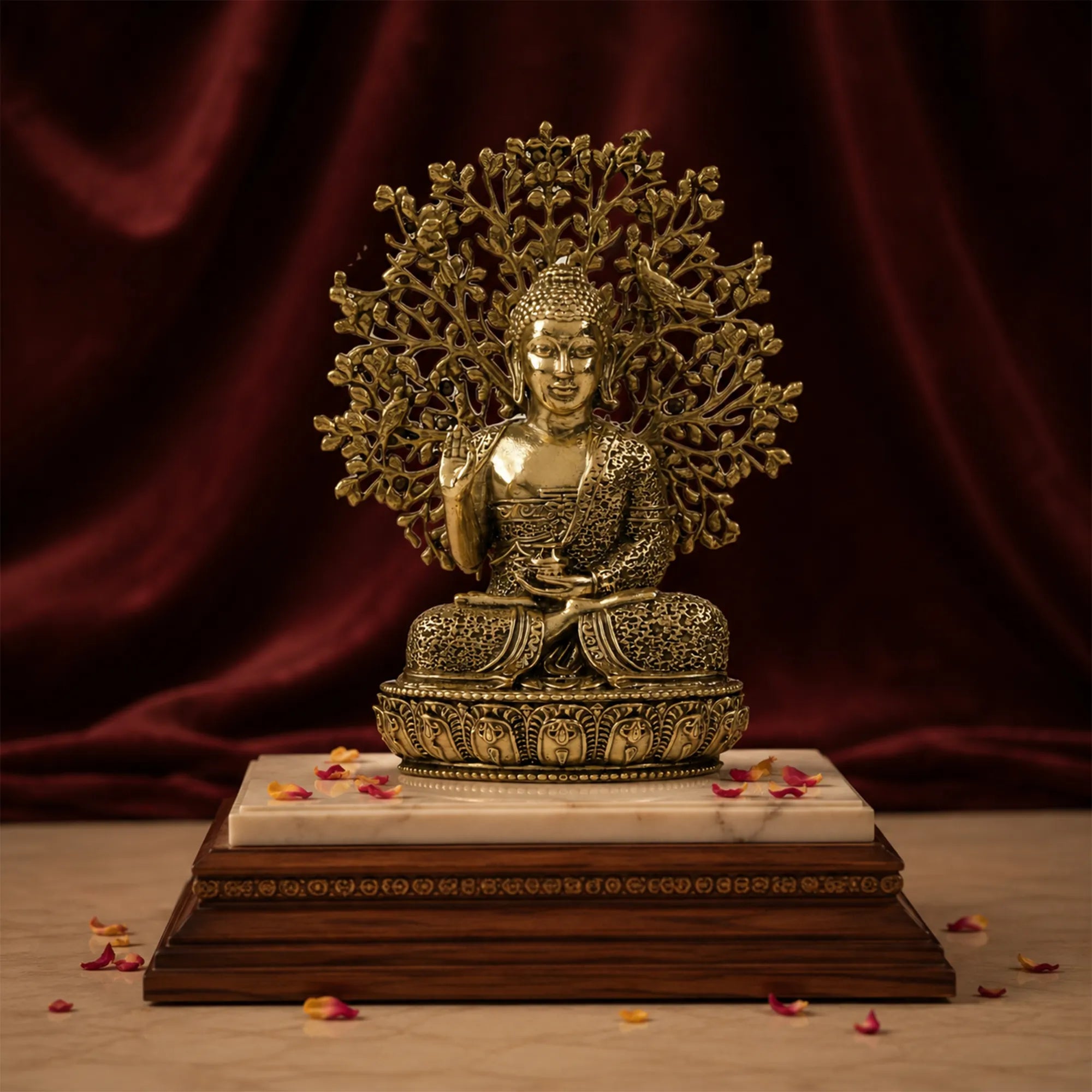 Lord Buddha with Bodhi Tree Brass Idol