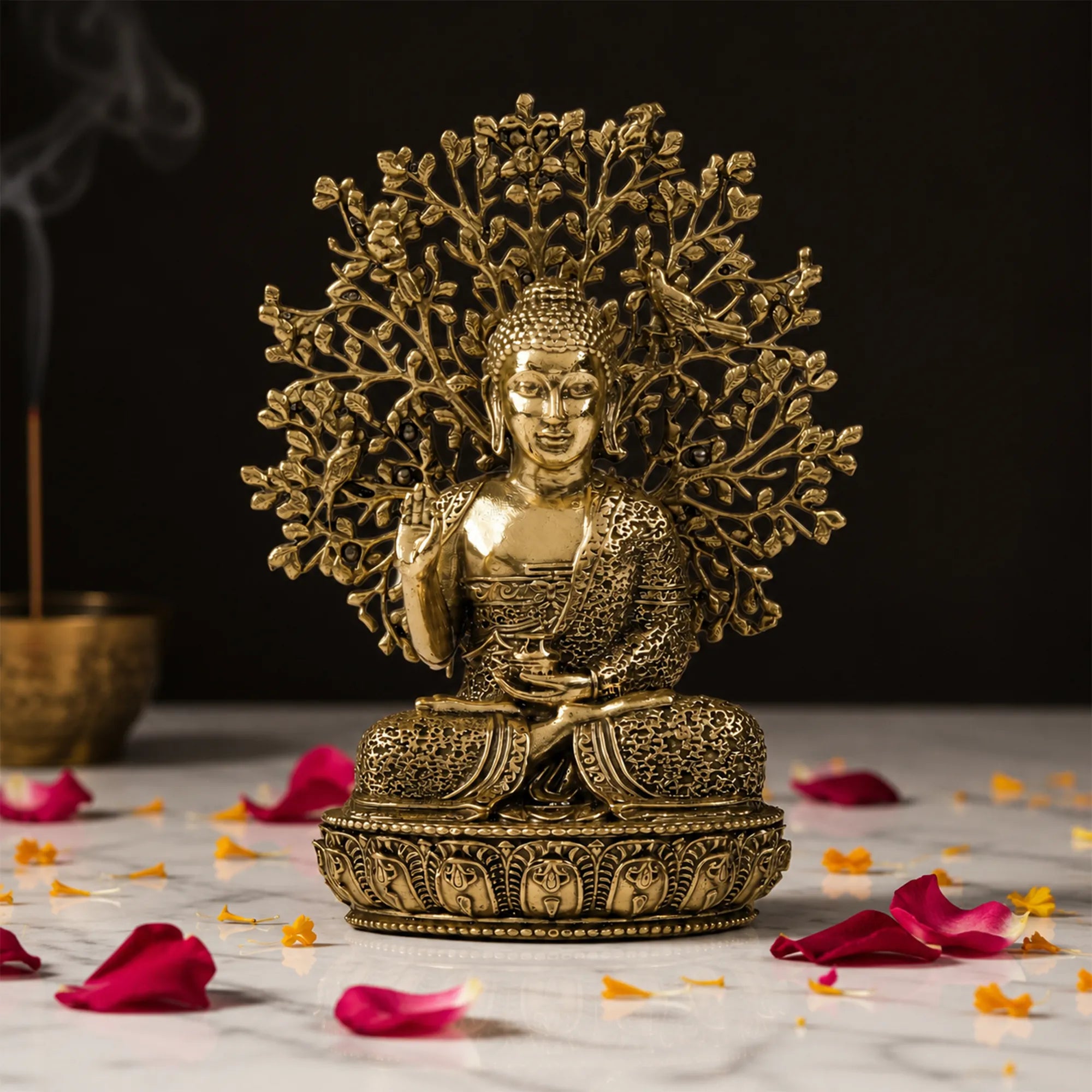 Lord Buddha with Bodhi Tree Brass Idol