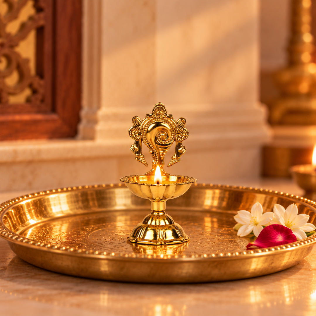 Brass Shankh Diya With Base