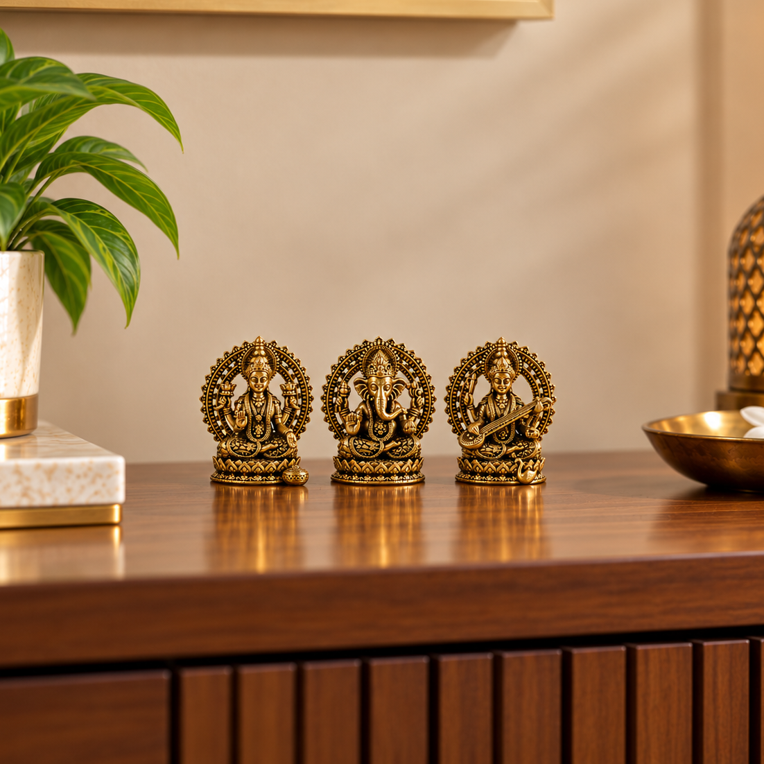 Brass Lakshmi Ganesh Saraswati Murti Set